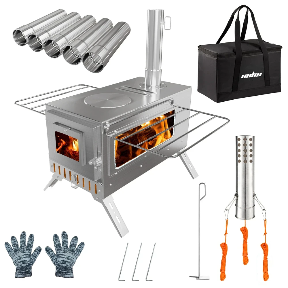 Portable Camping Wood Burning Stove Stainless Steel Tent Stove with Chimney Pipes for Outdoor Camping, Heating Portable Camping Wood Burning Stove Stainless Steel Tent Stove with 7 Chimney Pipes for Outdoor Camping, Heating