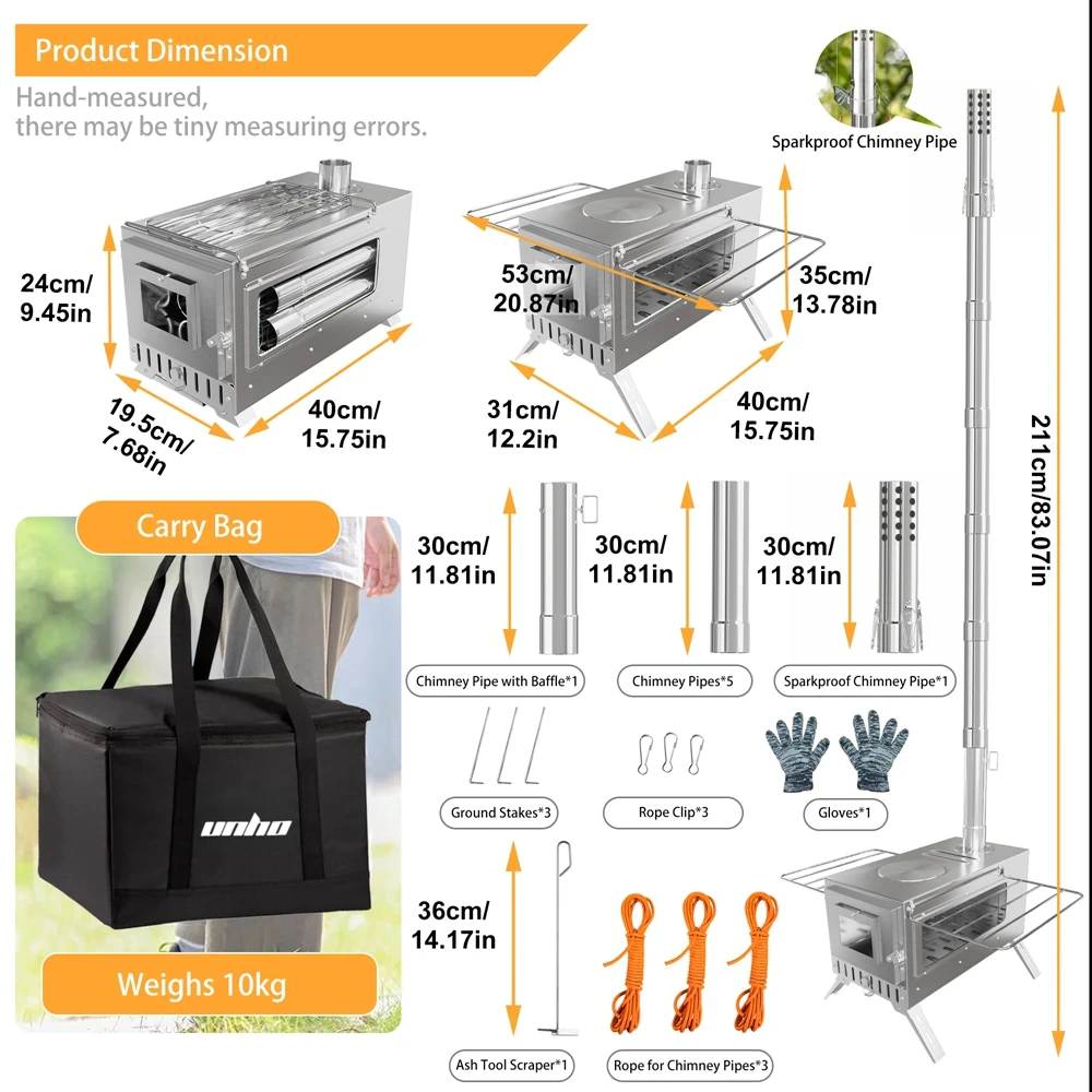 Portable Camping Wood Burning Stove Stainless Steel Tent Stove with Chimney Pipes for Outdoor Camping, Heating Portable Camping Wood Burning Stove Stainless Steel Tent Stove with 7 Chimney Pipes for Outdoor Camping, Heating