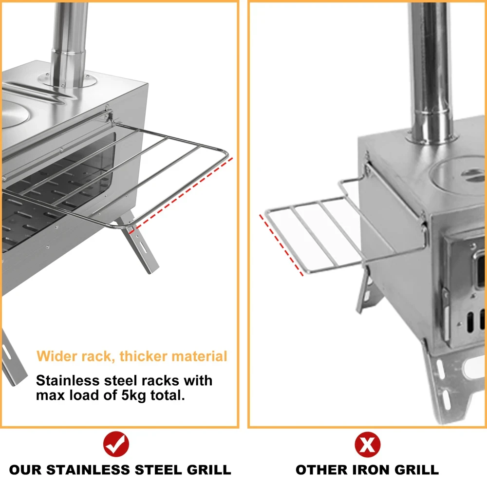 Portable Camping Wood Burning Stove Stainless Steel Tent Stove with 7 Chimney Pipes for Outdoor Camping, Heating