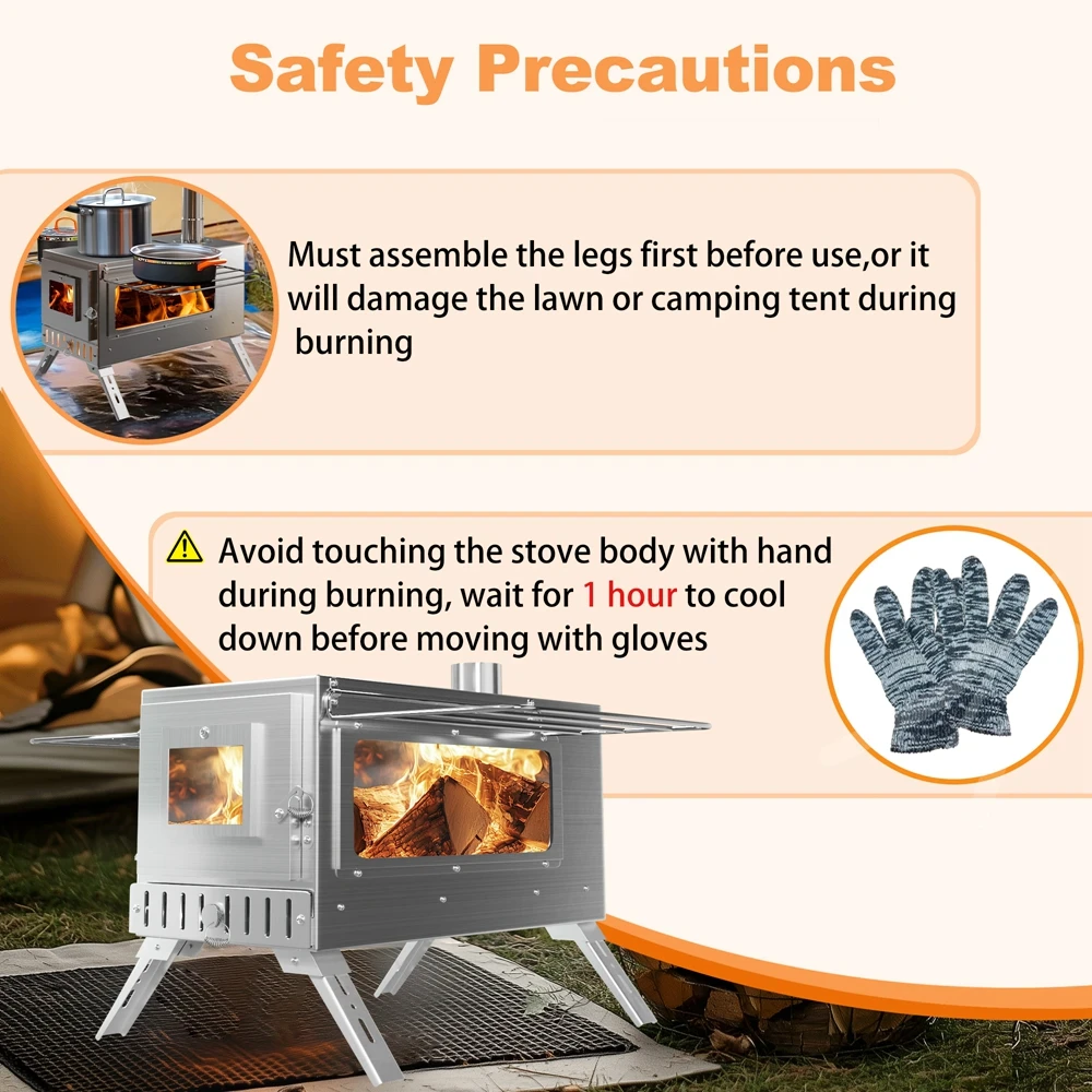 Portable Camping Wood Burning Stove Stainless Steel Tent Stove with 7 Chimney Pipes for Outdoor Camping, Heating