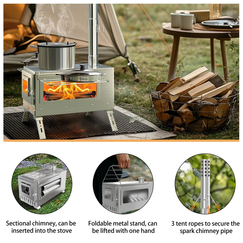 Portable Camping Wood Burning Stove Stainless Steel Tent Stove with Chimney Pipes for Outdoor Camping, Heating Portable Camping Wood Burning Stove Stainless Steel Tent Stove with 7 Chimney Pipes for Outdoor Camping, Heating