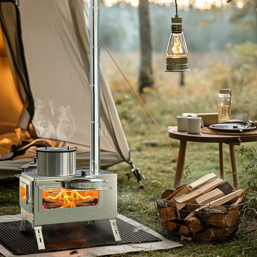 Portable Camping Wood Burning Stove Stainless Steel Tent Stove with Chimney Pipes for Outdoor Camping, Heating Portable Camping Wood Burning Stove Stainless Steel Tent Stove with 7 Chimney Pipes for Outdoor Camping, Heating