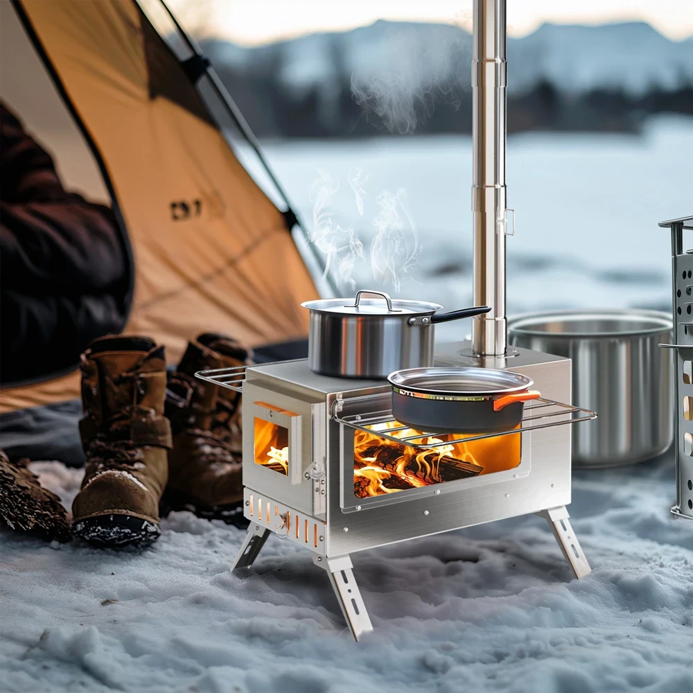 Portable Camping Wood Burning Stove Stainless Steel Tent Stove with Chimney Pipes for Outdoor Camping, Heating Portable Camping Wood Burning Stove Stainless Steel Tent Stove with 7 Chimney Pipes for Outdoor Camping, Heating