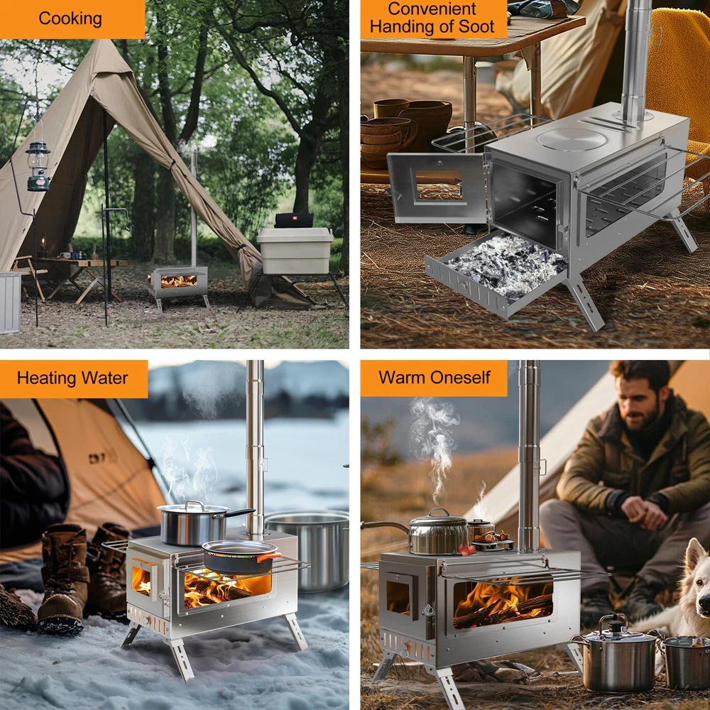 Portable Camping Wood Burning Stove Stainless Steel Tent Stove with Chimney Pipes for Outdoor Camping, Heating Portable Camping Wood Burning Stove Stainless Steel Tent Stove with 7 Chimney Pipes for Outdoor Camping, Heating