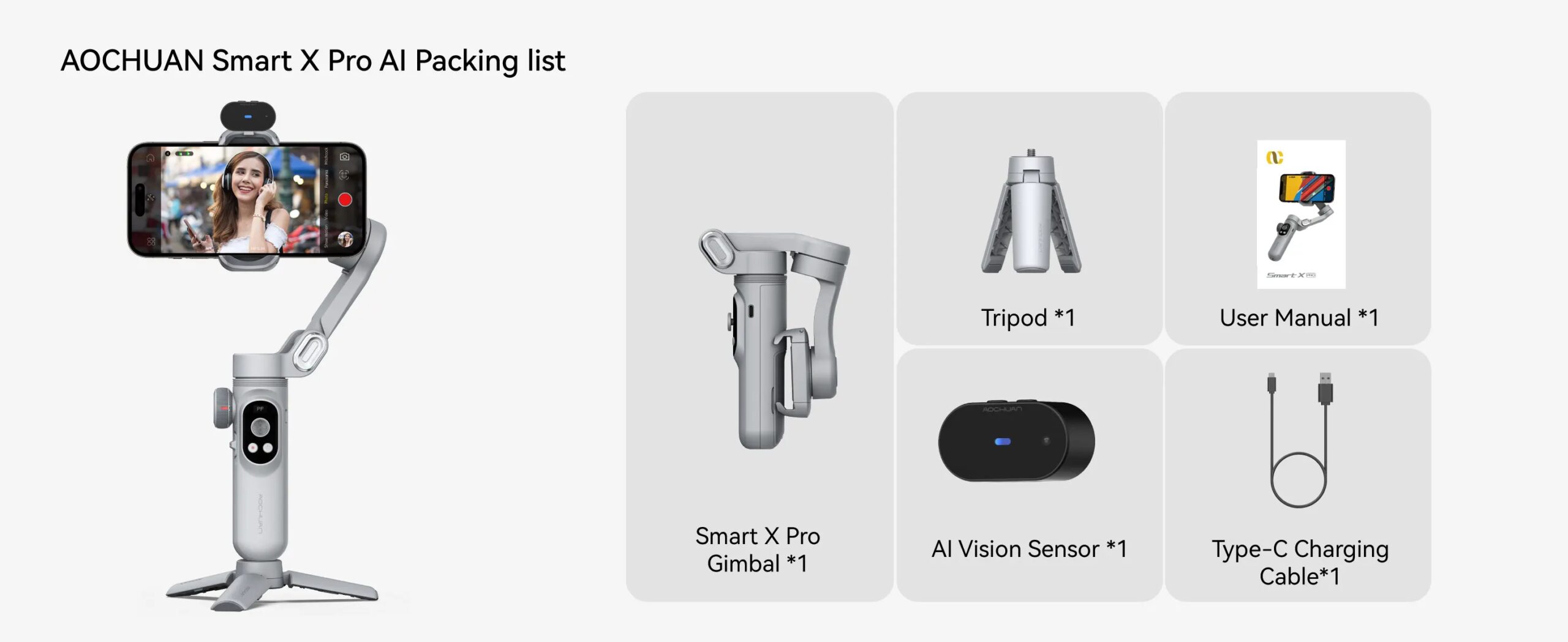 AOCHUAN Smart XPro Ai Grey Gimbal Stabilizer For iphone And Android 3-Axis Intelligent Gimbal Stabilizer Appless Face Tracking AOCHUAN Smart XPro Ai Grey Gimbal Stabilizer For iphone And Android 3-Axis Intelligent Gimbal Stabilizer Appless Face Tracking