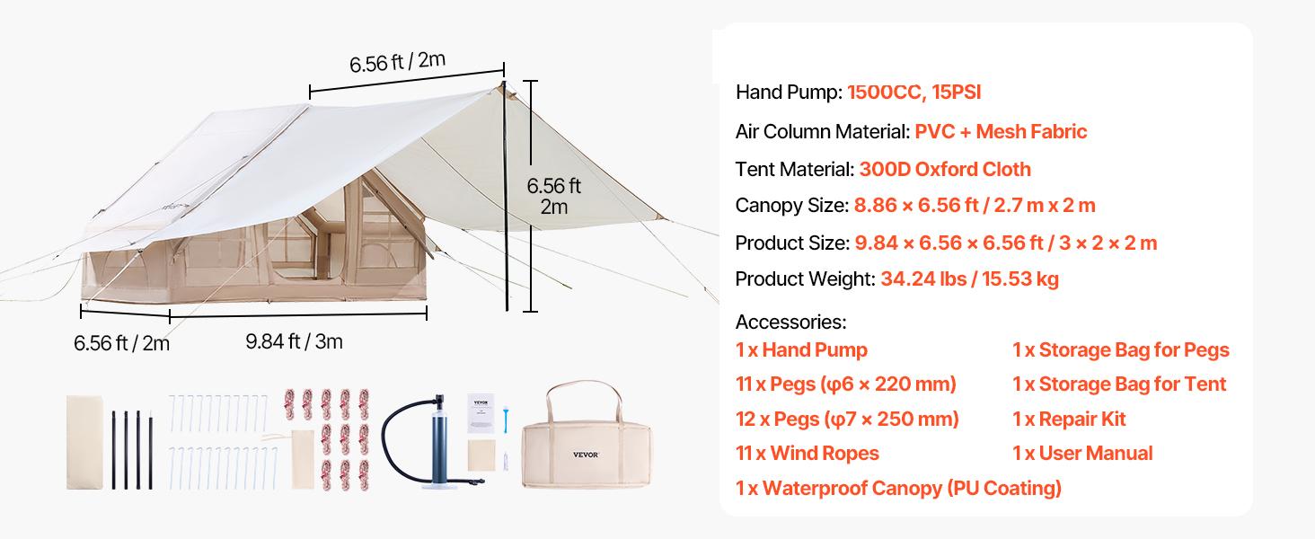SucceBuy Inflatable Tents for Camping 3-5 Person Easy Setup Blow Tent with Hand Pump 300D Oxford Tent with Doors & Mesh Windows