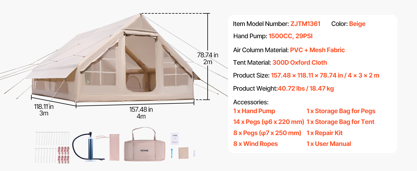 SucceBuy Inflatable Tents for Camping Easy Setup Blow up Tent with Hand Pump 300D Oxford Tent with Stove Jack Storage Bag Includ