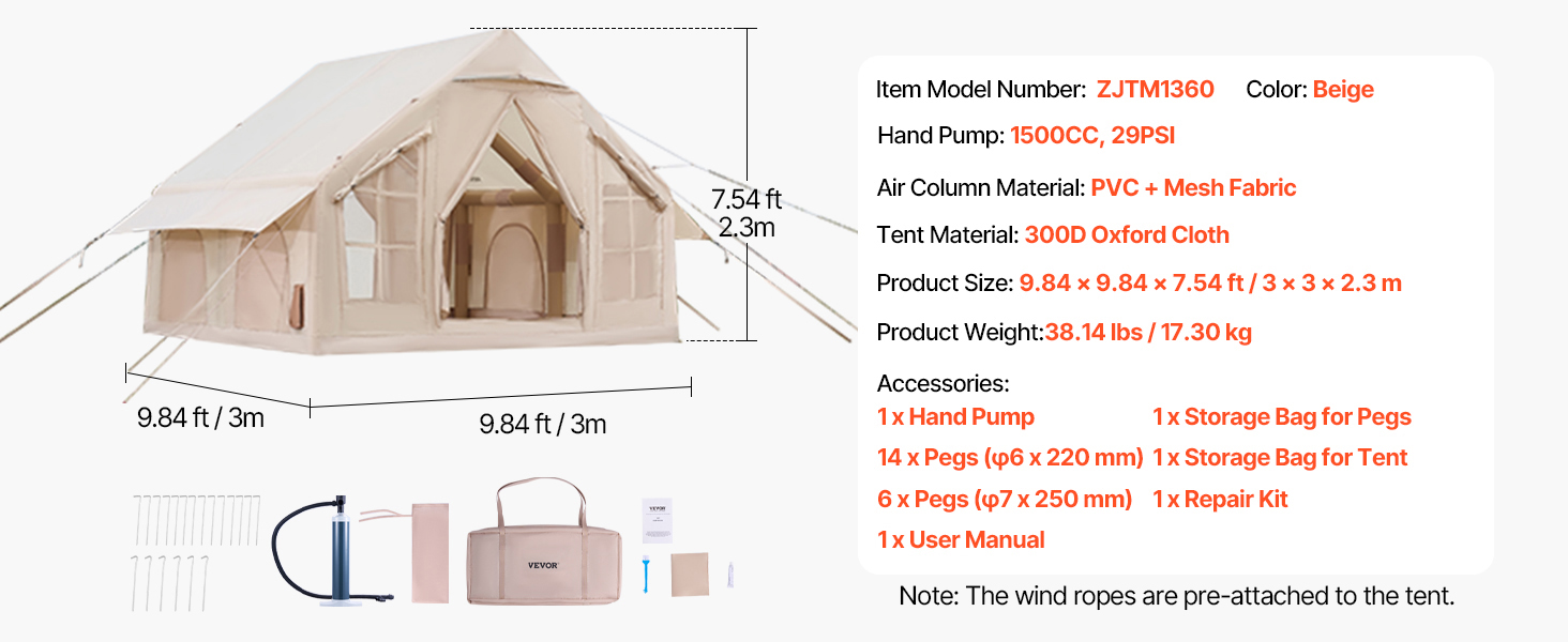 SucceBuy Inflatable Tents for Camping Easy Setup Blow up Tent with Hand Pump 300D Oxford Tent with Stove Jack Storage Bag Includ