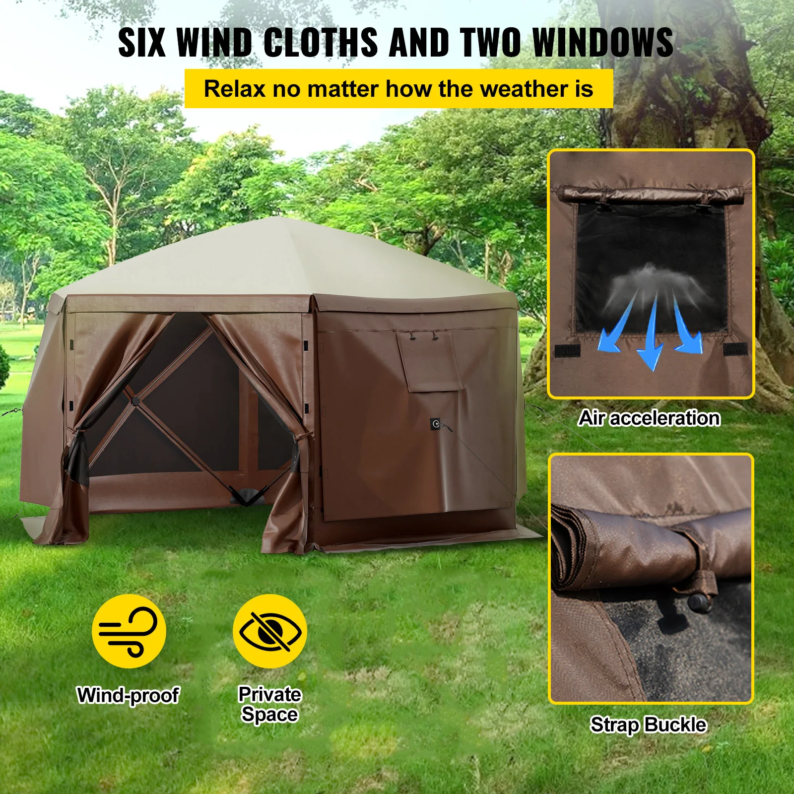 SucceBuy Pop-up Camping Gazebo Camping Canopy Shelter 6 Sided 12' x 12' / 10' x 10' Sun Shade Tents & Canopies Camping & Hiking