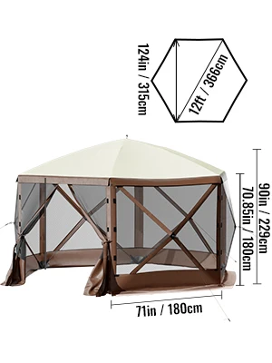 SucceBuy Pop-up Camping Gazebo Camping Canopy Shelter 6 Sided 12' x 12' / 10' x 10' Sun Shade Tents & Canopies Camping & Hiking