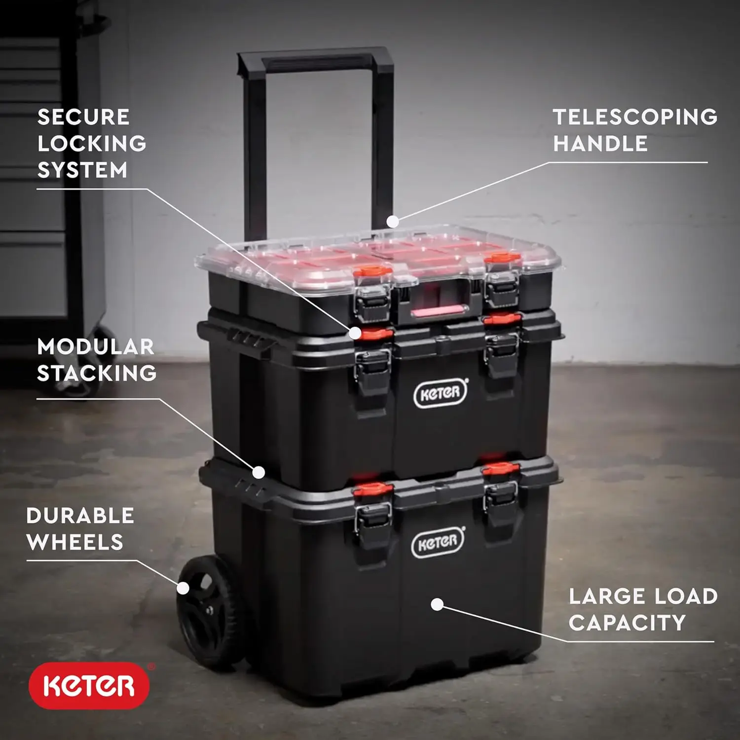 Keter Stack n Roll Modular Tools Organizer for Garage Storage and DIY, Piece Resin Rolling Tool Box System for Small Parts Keter Stack-n-Roll Modular Tools Organizer for Garage Storage and DIY, 3 Piece Resin Rolling Tool Box System for Small Parts