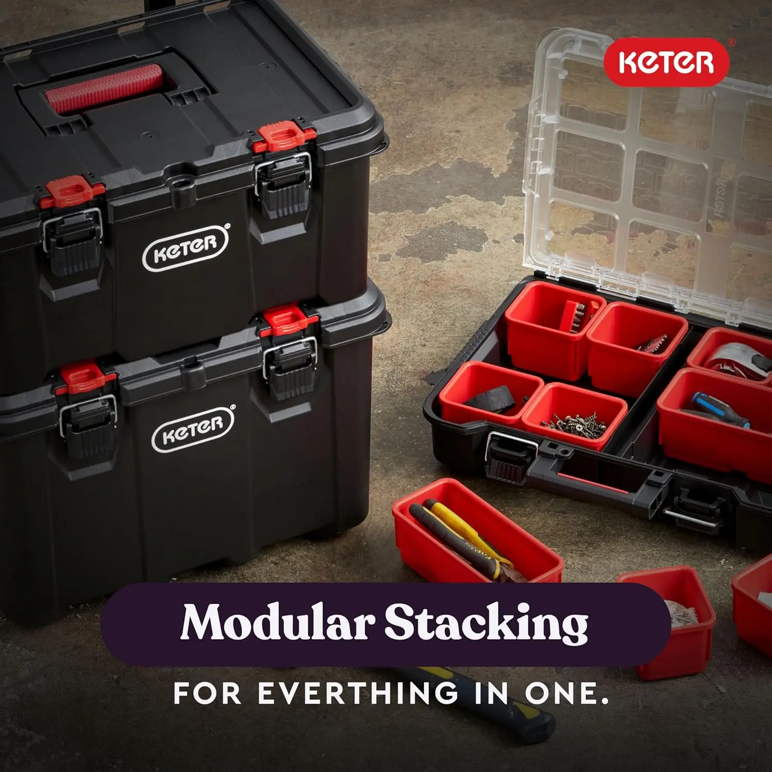Keter Stack n Roll Modular Tools Organizer for Garage Storage and DIY, Piece Resin Rolling Tool Box System for Small Parts Keter Stack-n-Roll Modular Tools Organizer for Garage Storage and DIY, 3 Piece Resin Rolling Tool Box System for Small Parts