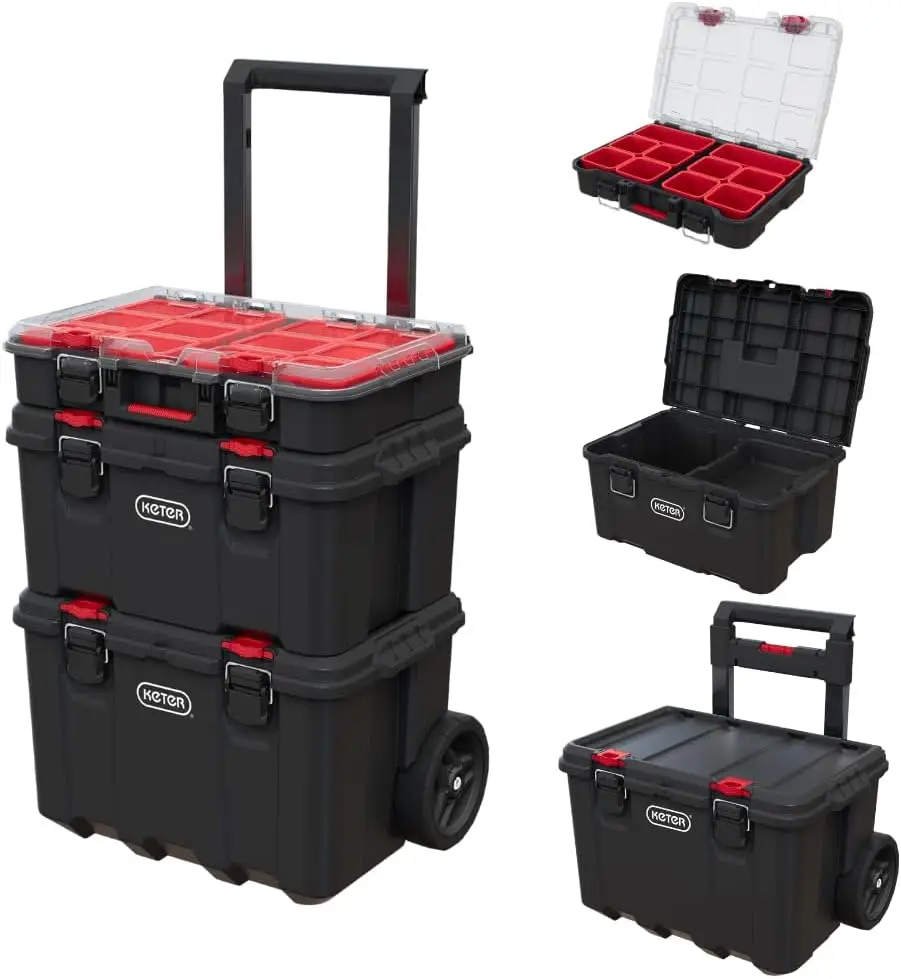 Keter Stack n Roll Modular Tools Organizer for Garage Storage and DIY, Piece Resin Rolling Tool Box System for Small Parts Keter Stack-n-Roll Modular Tools Organizer for Garage Storage and DIY, 3 Piece Resin Rolling Tool Box System for Small Parts