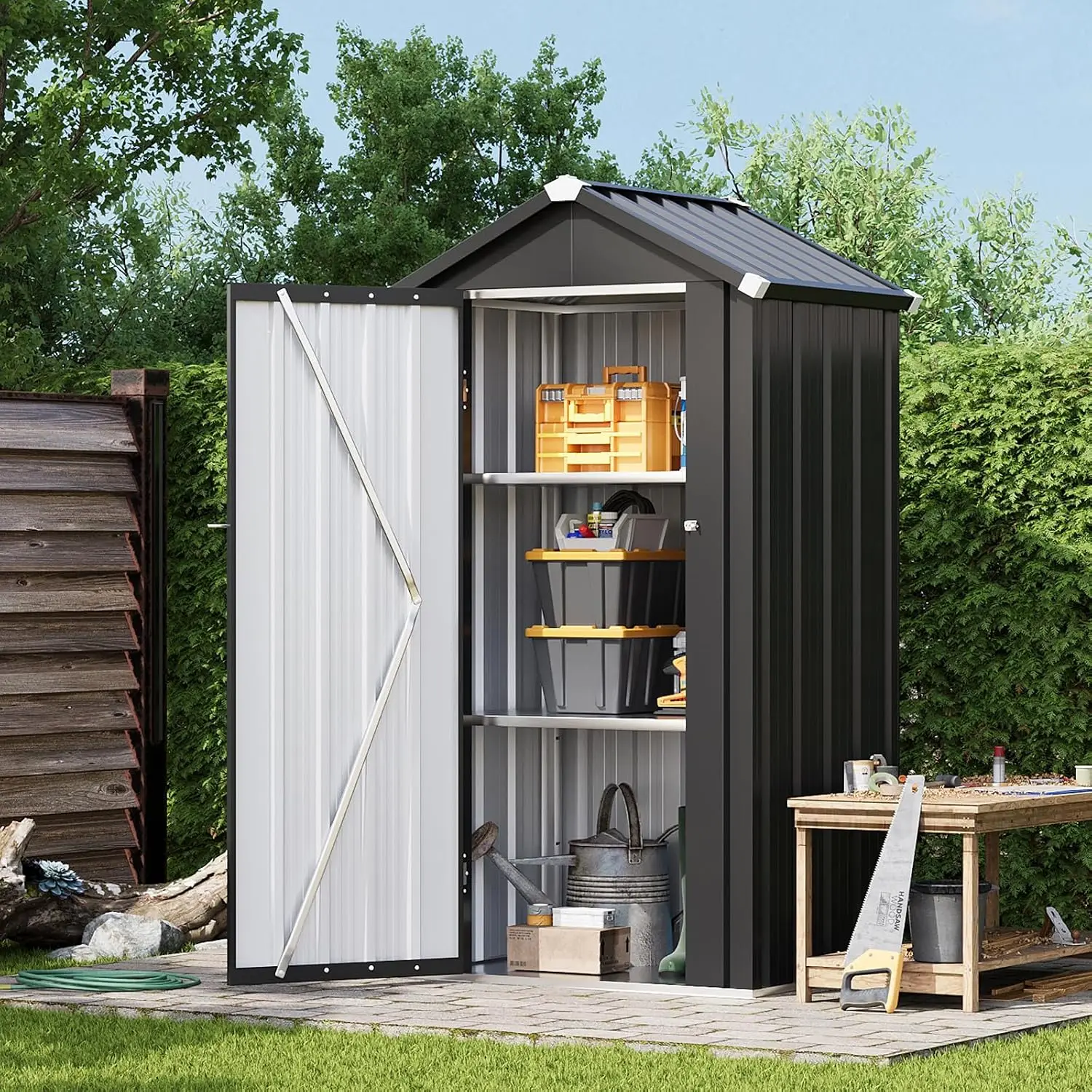 Aoxun Metal Garden Shed XFt With Base And Adjustable Shelves Inclined Roof Weatherproof Lockable Door For Balcony Patio Garden Storage Aoxun Metal Garden Shed 3X2Ft With Base And 2 Adjustable Shelves Inclined Roof Weatherproof Lockable Door For Balcony Patio Garden Storage