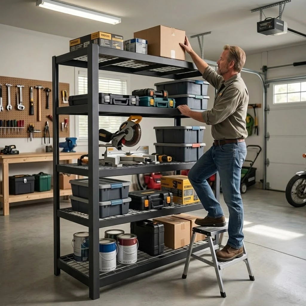 5 Tier Wide Mesh Steel Storage Shelf Heavy Duty Garage Organizer Rack, Upgraded Thick Double Folded Edge Frame No Deform, Adjustable Height Metal Shelving for Garage Basement Workshop Warehouse Home T