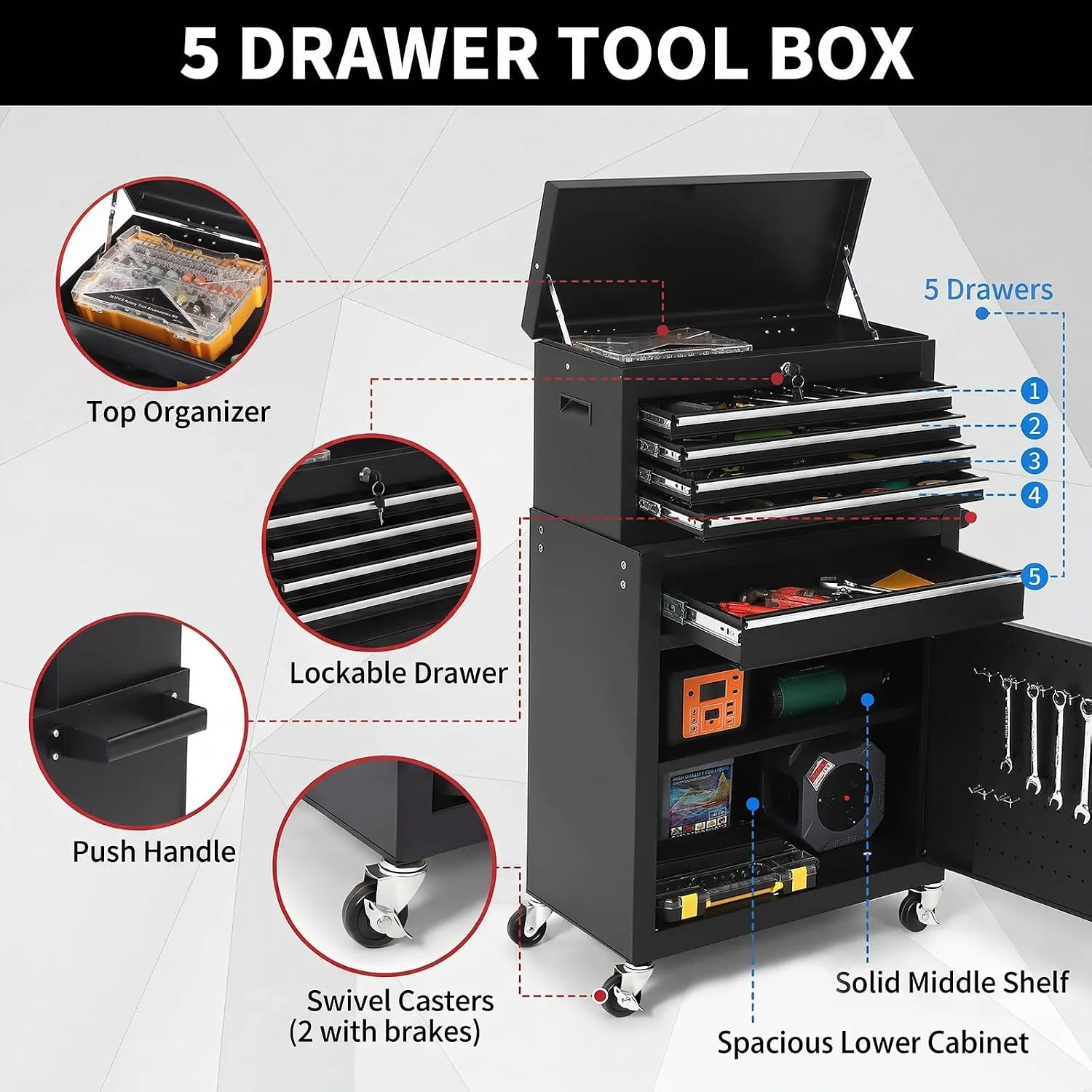 5 Drawer Rolling Tool Cabinet with Lockable Detachable Tool Box, Mobile Steel Tool Storage Organizer with Swivel Wheels, Garage Workshop Mechanic Storage Cart 5 Drawer Rolling Tool Cabinet with Lockable Detachable Tool Box, Mobile Steel Tool Storage Organizer with Swivel Wheels, Garage Workshop Mechanic Storage Cart