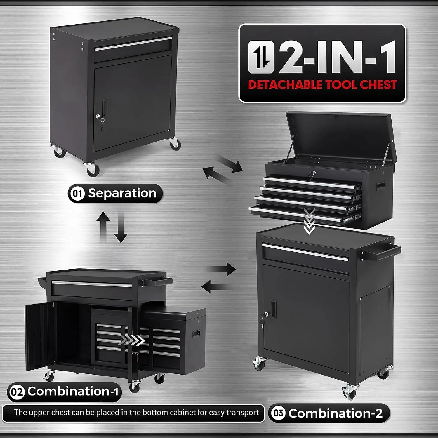 5 Drawer Rolling Tool Cabinet with Lockable Detachable Tool Box, Mobile Steel Tool Storage Organizer with Swivel Wheels, Garage Workshop Mechanic Storage Cart 5 Drawer Rolling Tool Cabinet with Lockable Detachable Tool Box, Mobile Steel Tool Storage Organizer with Swivel Wheels, Garage Workshop Mechanic Storage Cart
