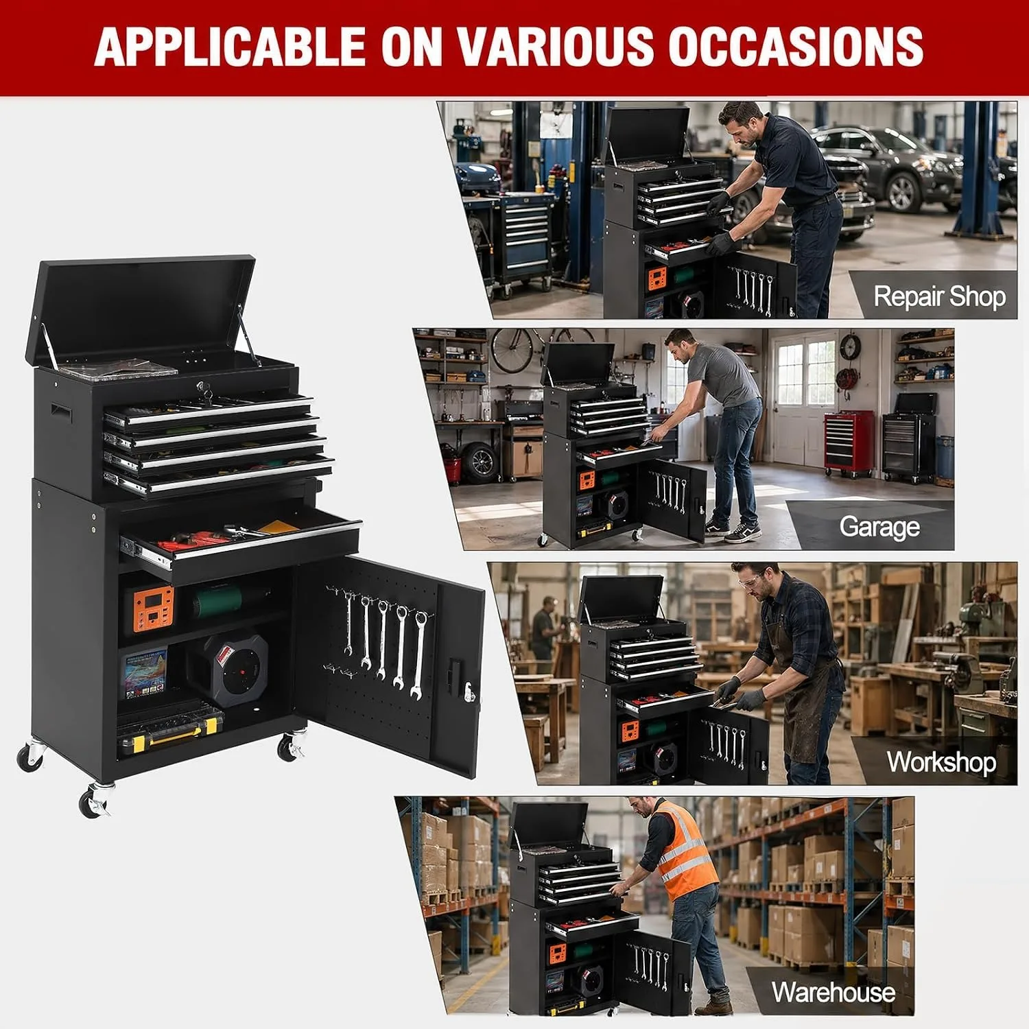 5 Drawer Rolling Tool Cabinet with Lockable Detachable Tool Box, Mobile Steel Tool Storage Organizer with Swivel Wheels, Garage Workshop Mechanic Storage Cart 5 Drawer Rolling Tool Cabinet with Lockable Detachable Tool Box, Mobile Steel Tool Storage Organizer with Swivel Wheels, Garage Workshop Mechanic Storage Cart