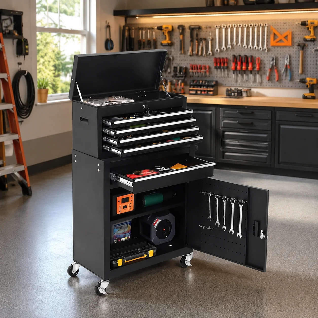 5 Drawer Rolling Tool Cabinet with Lockable Detachable Tool Box, Mobile Steel Tool Storage Organizer with Swivel Wheels, Garage Workshop Mechanic Storage Cart 5 Drawer Rolling Tool Cabinet with Lockable Detachable Tool Box, Mobile Steel Tool Storage Organizer with Swivel Wheels, Garage Workshop Mechanic Storage Cart