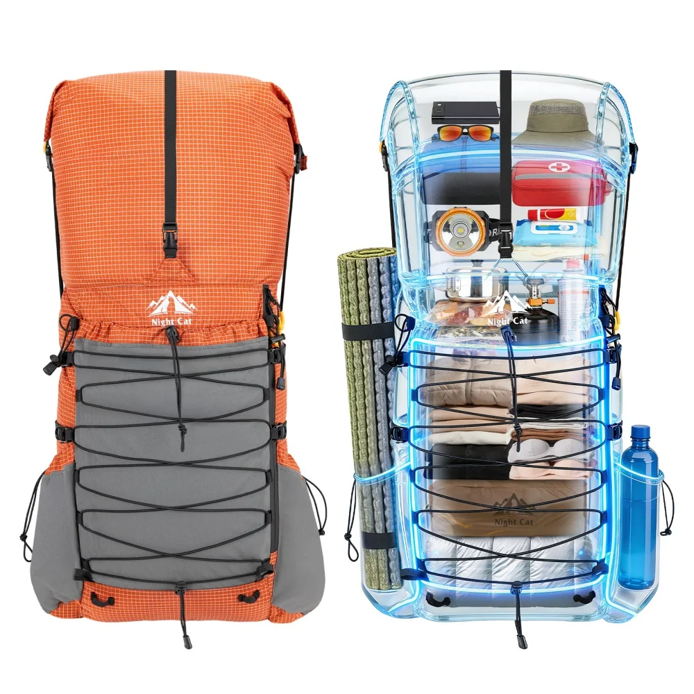 Night Cat Internal frame Hiking Backpcack: L / L / L Roll Top Lightweight Travel Backpack with Rain Cover for Men Women Hiking Camping Backpacking Night Cat Internal-frame Hiking Backpcack: 50L / 60L / 70L Roll Top Lightweight Travel Backpack with Rain Cover for Men Women Hiking Camping Backpacking