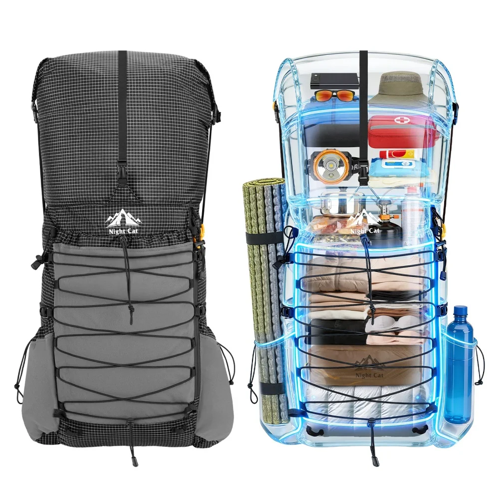 Night Cat Internal-frame Hiking Backpcack: 50L / 60L / 70L Roll Top Lightweight Travel Backpack with Rain Cover for Men Women Hiking Camping Backpacking