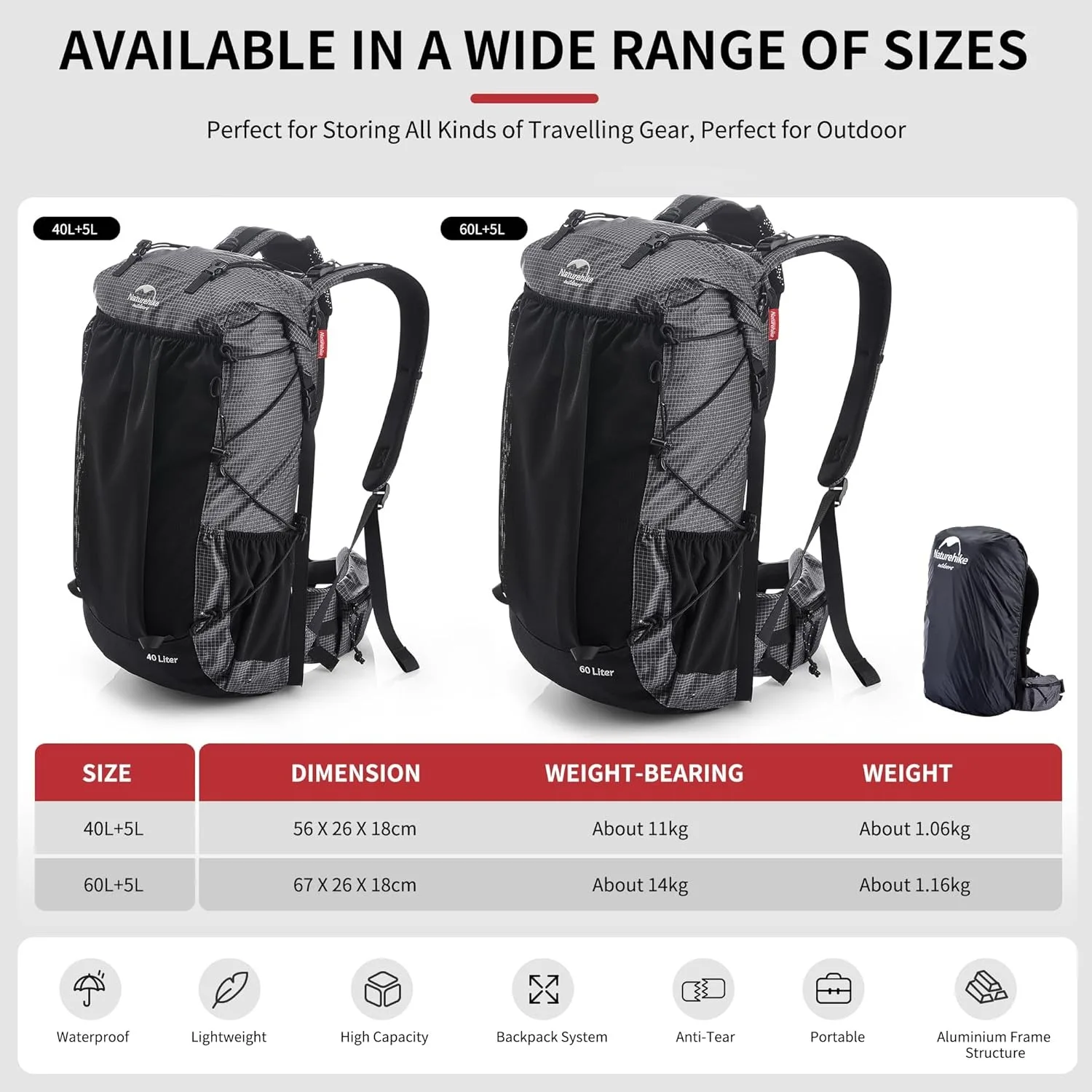 Naturehike Rock Outdoor Bags L L Travel Backpacks Large Capacity +L Camping Hiking Packs Hiking Bag With Rain Cover Naturehike Rock Outdoor Bags 40L 60L Travel Backpacks Large Capacity 60+5L Camping Hiking Packs Hiking Bag With Rain Cover