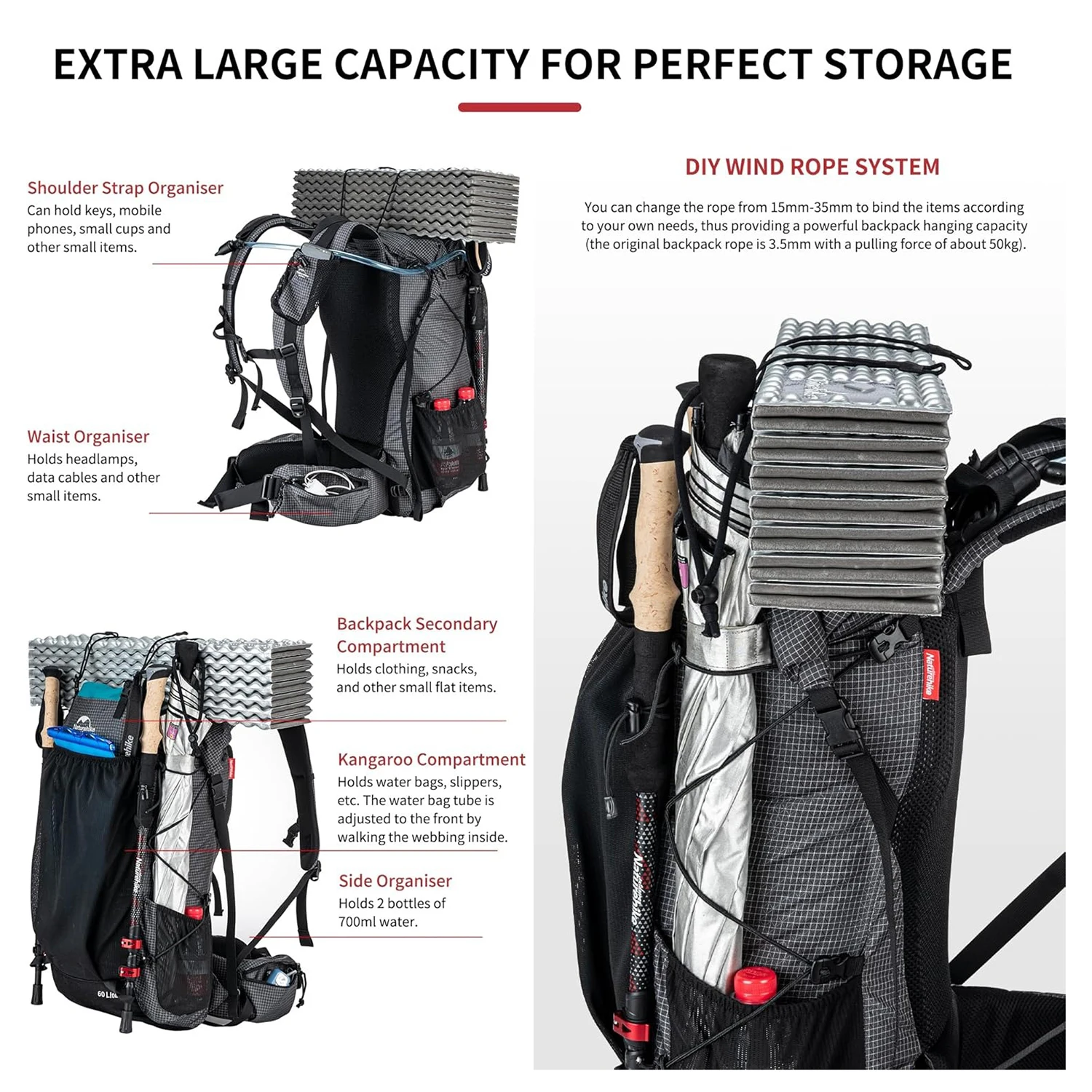 Naturehike Rock Outdoor Bags L L Travel Backpacks Large Capacity +L Camping Hiking Packs Hiking Bag With Rain Cover Naturehike Rock Outdoor Bags 40L 60L Travel Backpacks Large Capacity 60+5L Camping Hiking Packs Hiking Bag With Rain Cover