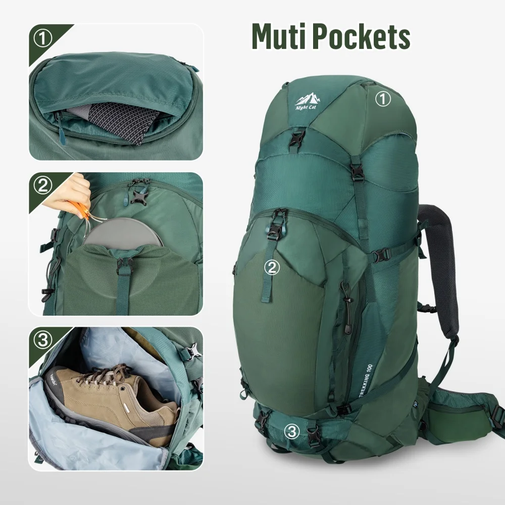 Night Cat Internal frame Hiking Backpack: L Large Camping Backpack for Men Women Hiking Climbing Traveling Waterproof Rain Cover Night Cat Internal-frame Hiking Backpack: 100L Large Camping Backpack for Men Women Hiking Climbing Traveling Waterproof Rain Cover