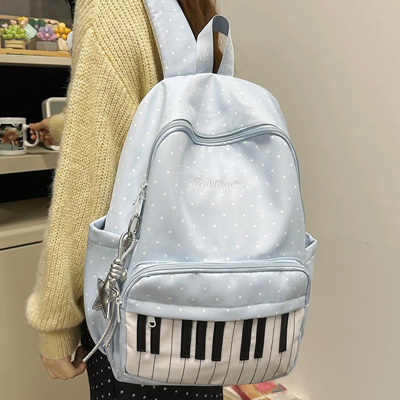 Nylon Polka Dot Piano Key Backpack 16.9 Inch with Pendant Travel Daypacks for Teen Girls Travel Shopping Daily Use Nylon Polka Dot Piano Key Backpack 16.9 Inch with Pendant Travel Daypacks for Teen Girls Travel Shopping Daily Use