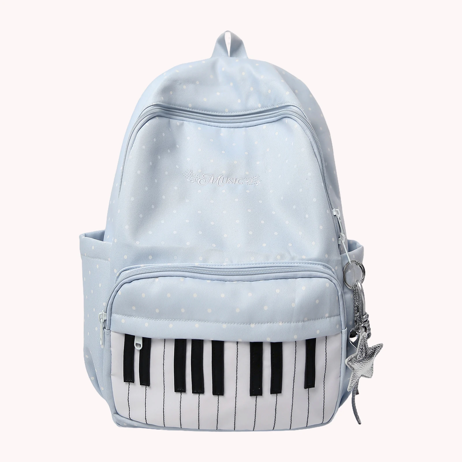 Nylon Polka Dot Piano Key Backpack 16.9 Inch with Pendant Travel Daypacks for Teen Girls Travel Shopping Daily Use