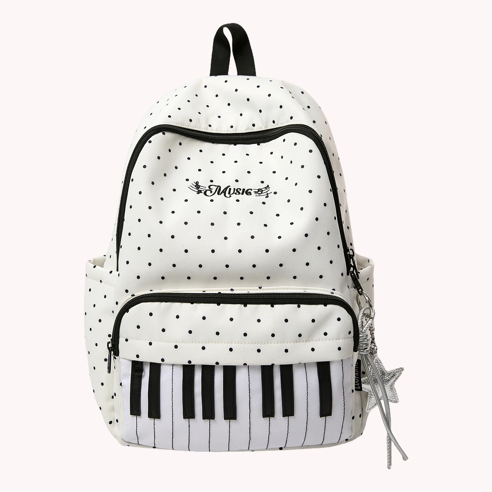 Nylon Polka Dot Piano Key Backpack 16.9 Inch with Pendant Travel Daypacks for Teen Girls Travel Shopping Daily Use