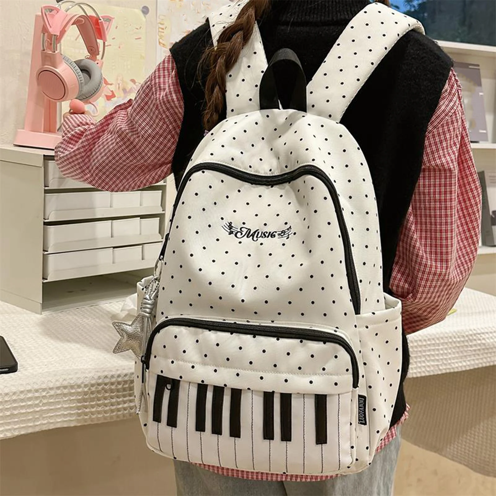Nylon Polka Dot Piano Key Backpack 16.9 Inch with Pendant Travel Daypacks for Teen Girls Travel Shopping Daily Use Nylon Polka Dot Piano Key Backpack 16.9 Inch with Pendant Travel Daypacks for Teen Girls Travel Shopping Daily Use