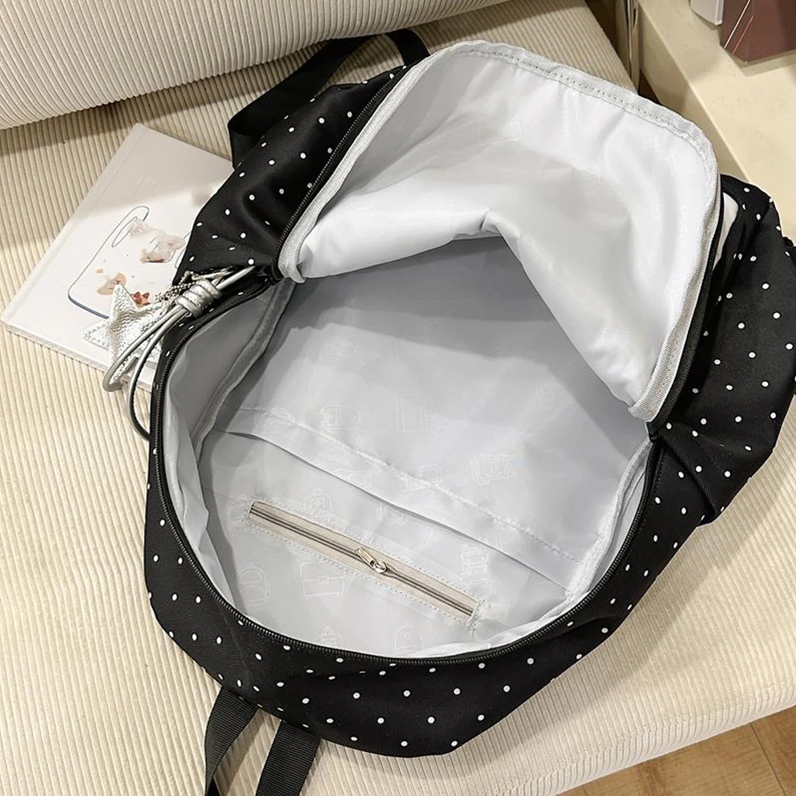 Nylon Polka Dot Piano Key Backpack 16.9 Inch with Pendant Travel Daypacks for Teen Girls Travel Shopping Daily Use