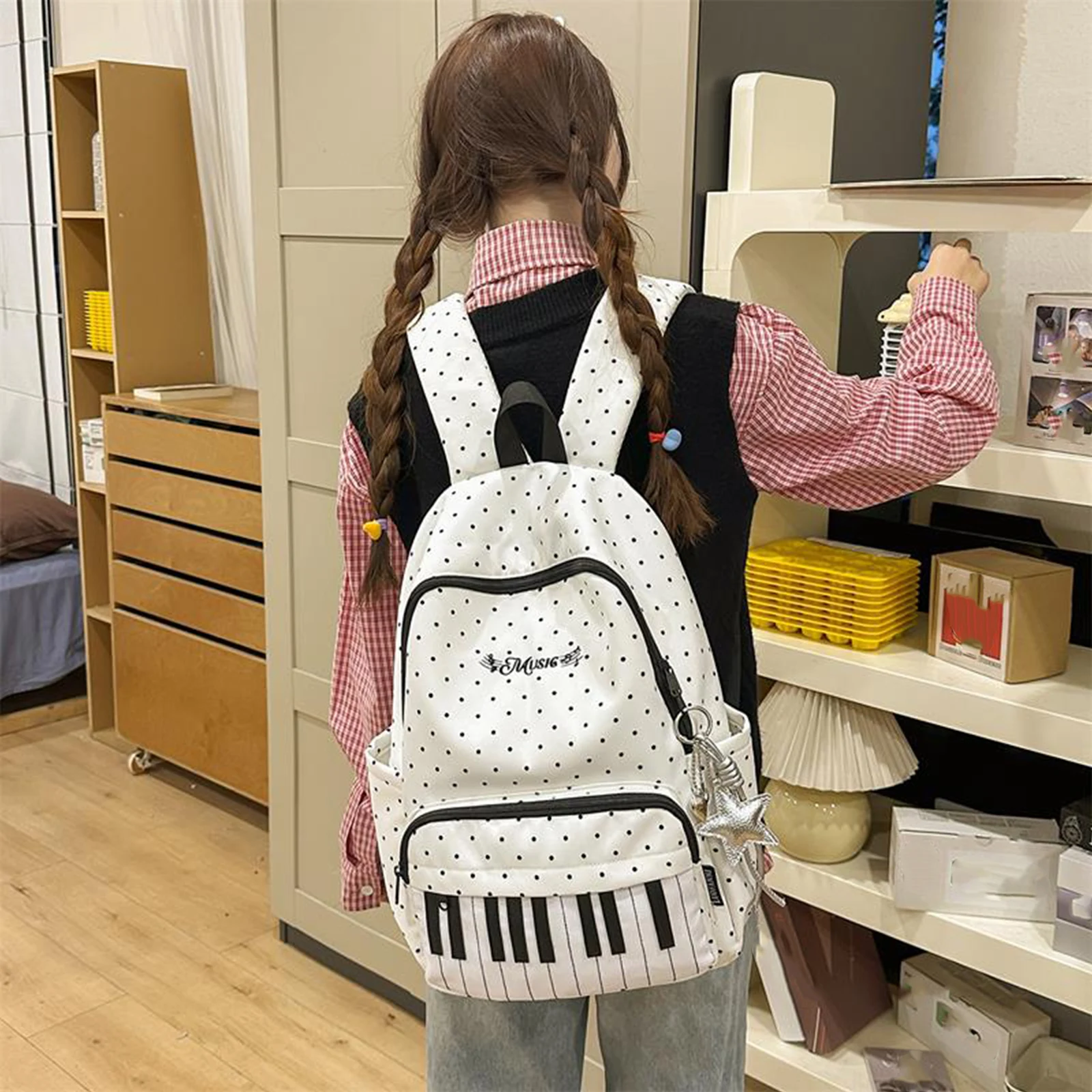 Nylon Polka Dot Piano Key Backpack 16.9 Inch with Pendant Travel Daypacks for Teen Girls Travel Shopping Daily Use Nylon Polka Dot Piano Key Backpack 16.9 Inch with Pendant Travel Daypacks for Teen Girls Travel Shopping Daily Use
