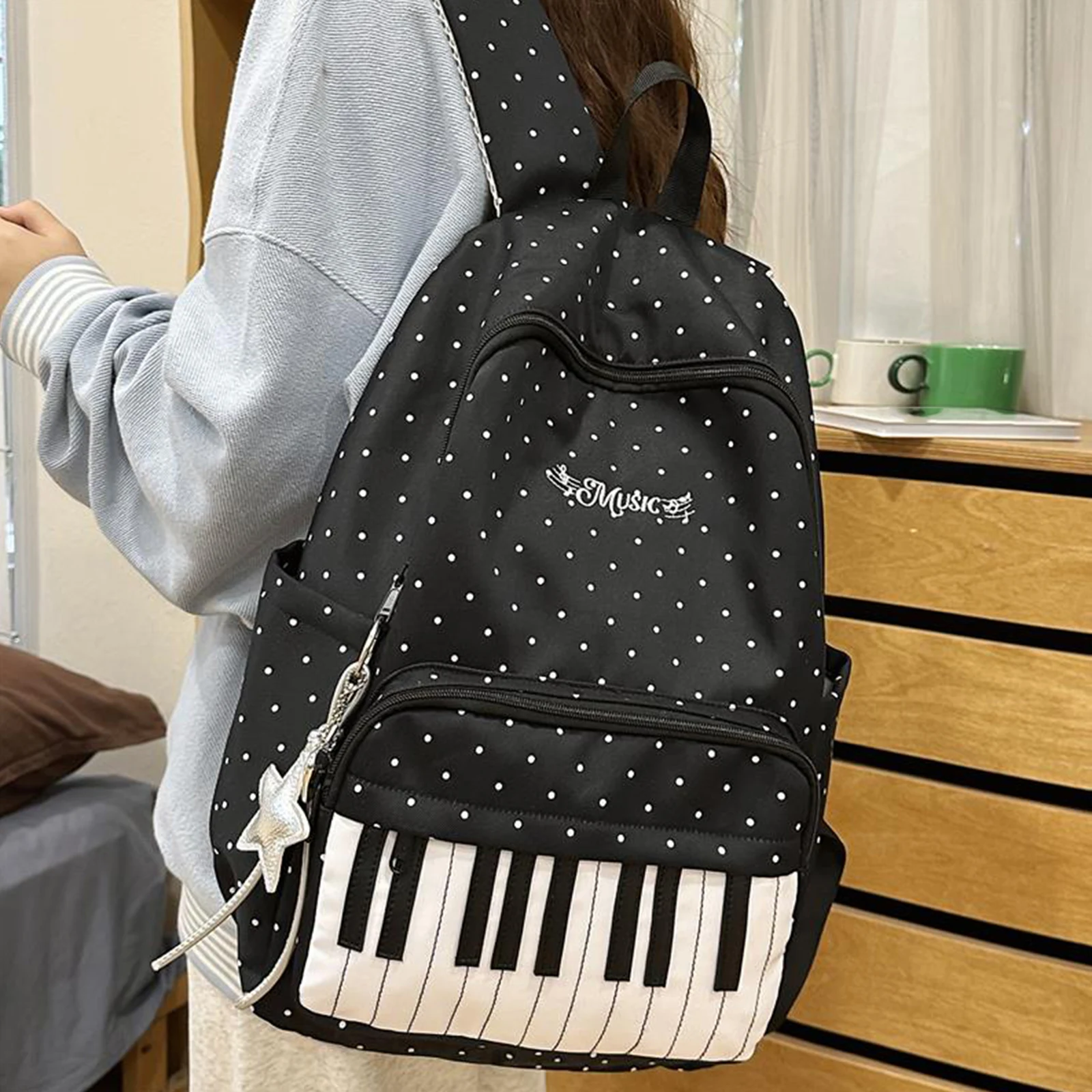 Nylon Polka Dot Piano Key Backpack 16.9 Inch with Pendant Travel Daypacks for Teen Girls Travel Shopping Daily Use