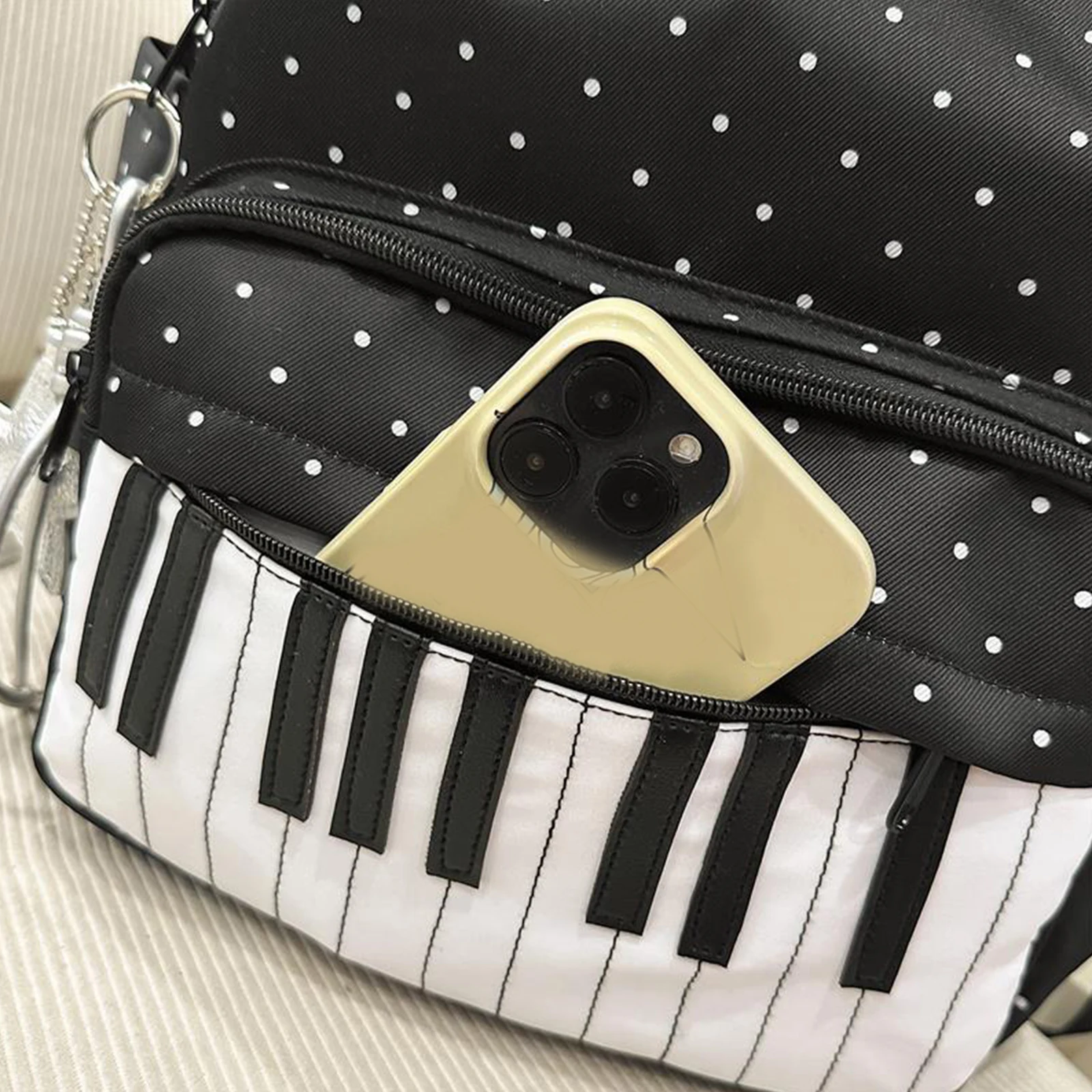 Nylon Polka Dot Piano Key Backpack 16.9 Inch with Pendant Travel Daypacks for Teen Girls Travel Shopping Daily Use