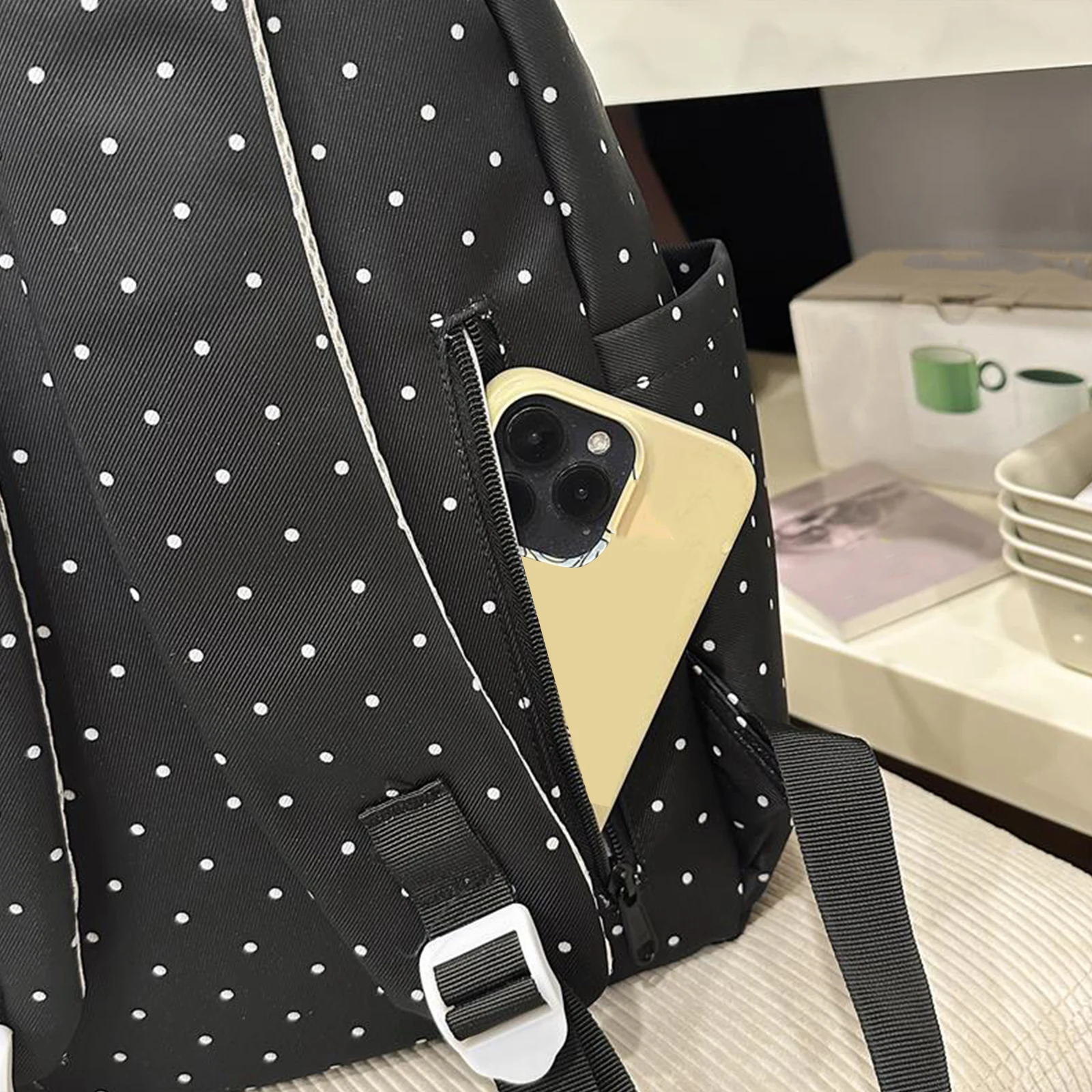 Nylon Polka Dot Piano Key Backpack 16.9 Inch with Pendant Travel Daypacks for Teen Girls Travel Shopping Daily Use