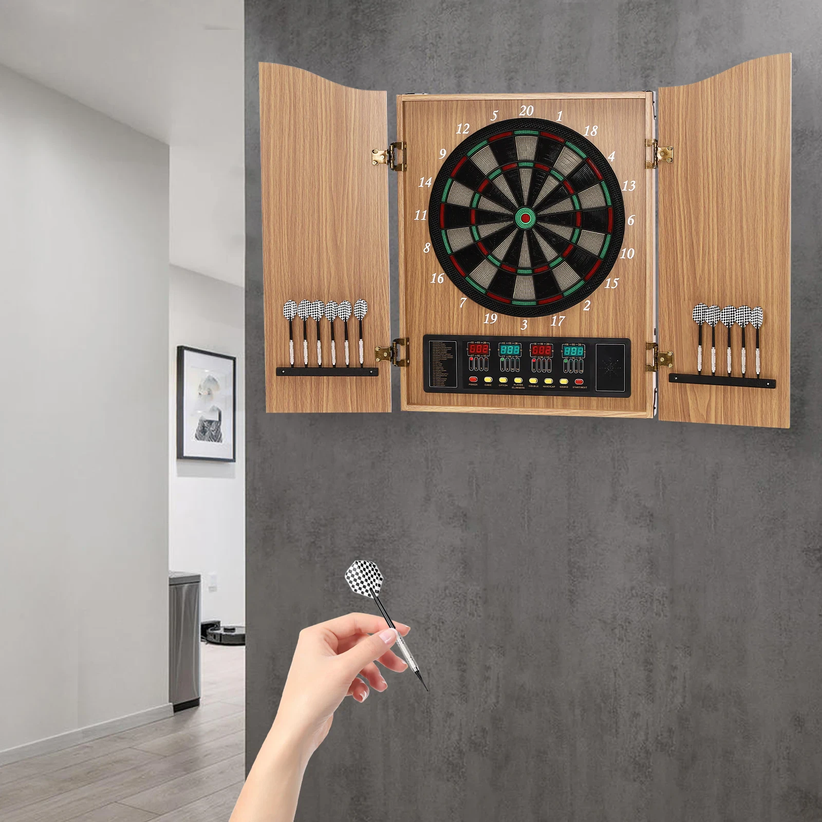 Yellow Electronic Dartboard, Dart Machine With LED Scoring Display & Voice Prompt, Soft Tip Dart Board for 16 Players, 100 240V US Plug Yellow Electronic Dartboard, Dart Machine With LED Scoring Display & Voice Prompt, Soft Tip Dart Board for 16 Players, 100 240V US Plug