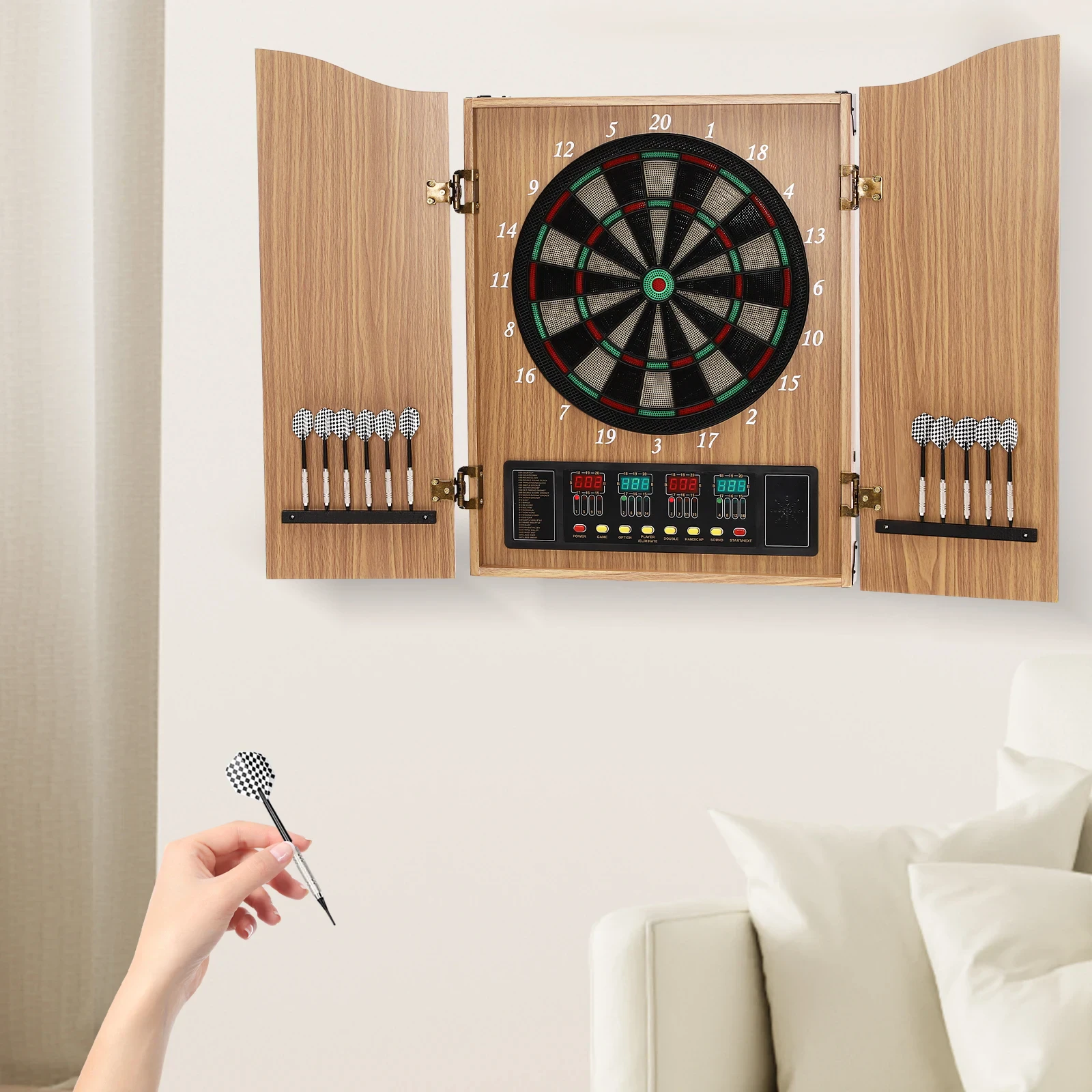 Yellow Electronic Dartboard, Dart Machine With LED Scoring Display & Voice Prompt, Soft Tip Dart Board for 16 Players, 100 240V US Plug Yellow Electronic Dartboard, Dart Machine With LED Scoring Display & Voice Prompt, Soft Tip Dart Board for 16 Players, 100 240V US Plug