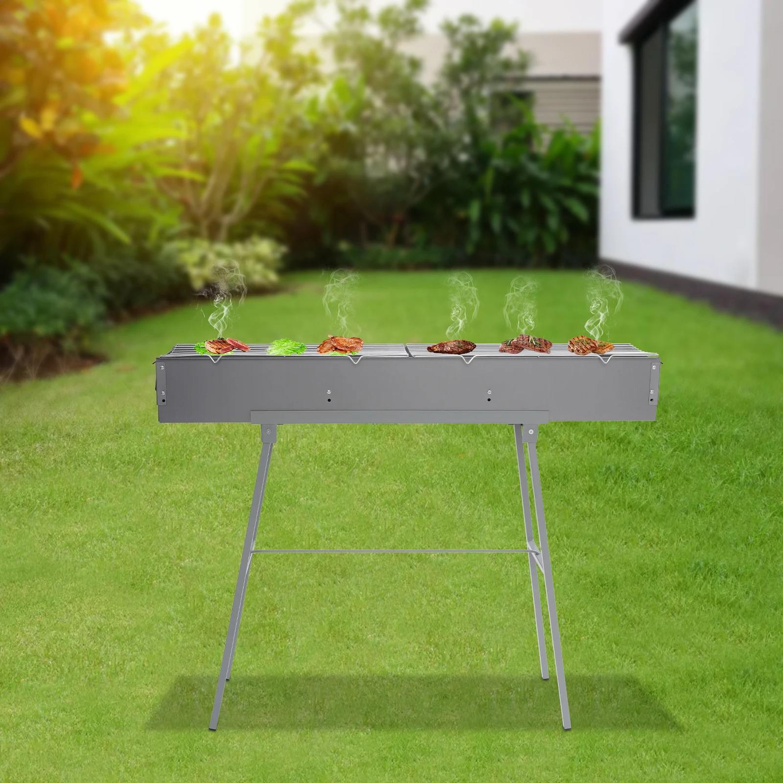Campfire Grill, Camping Grill, Barbecue Grill, 100&times;18cm Foldable Stainless Steel Rack, Portable Outdoor BBQ Cooking Stove with Detachable Legs, Easy Clean, Space Saving, Quick Assembly for Camping, Pi
