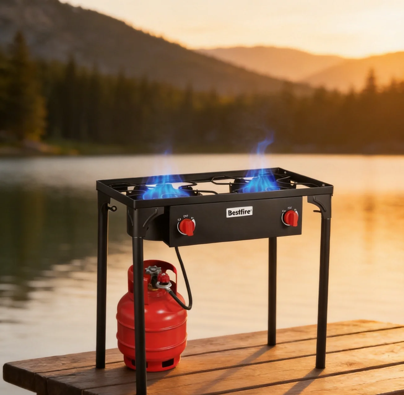 2 Burner Camping Stove 150000 BTU High Pressure Outdoor Propane Grill With 4ft 20 PSI Regulator Hose Removable Legs for Backyard Cooking BBQ Picnic Tailgate
