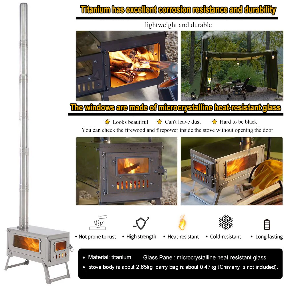 Titanium Camping Stove 2.0 - 0.8mm thickness Titanium Folding Stove with Segmental Chimney for Camping Hiking Bushcraft