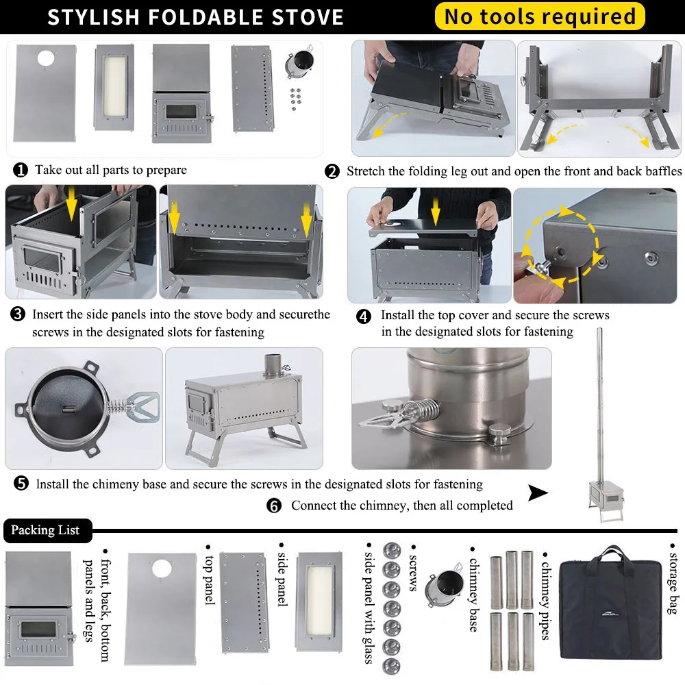 Titanium Camping Stove 2.0 - 0.8mm thickness Titanium Folding Stove with Segmental Chimney for Camping Hiking Bushcraft