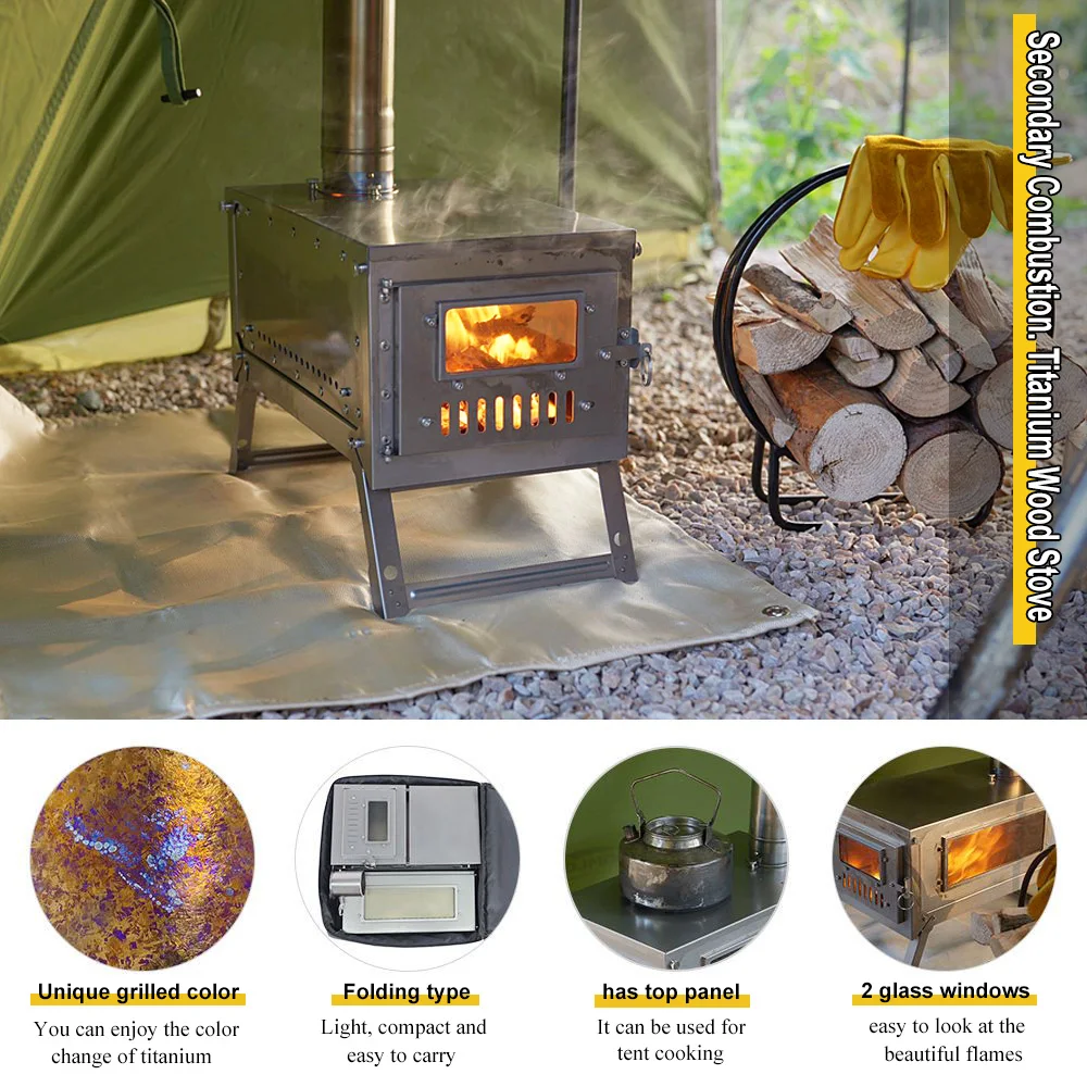Titanium Camping Stove 2.0 - 0.8mm thickness Titanium Folding Stove with Segmental Chimney for Camping Hiking Bushcraft