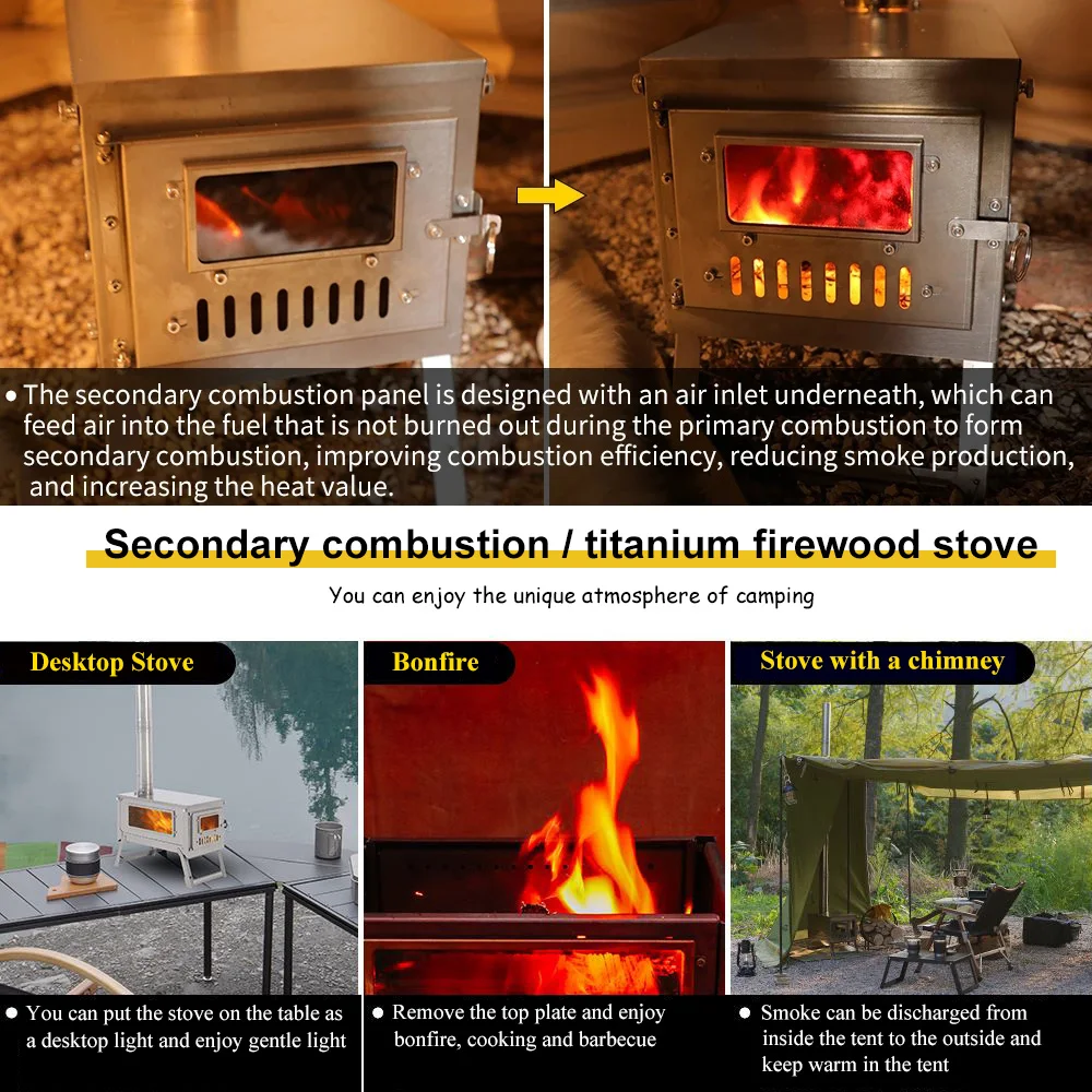Titanium Camping Stove 2.0 - 0.8mm thickness Titanium Folding Stove with Segmental Chimney for Camping Hiking Bushcraft