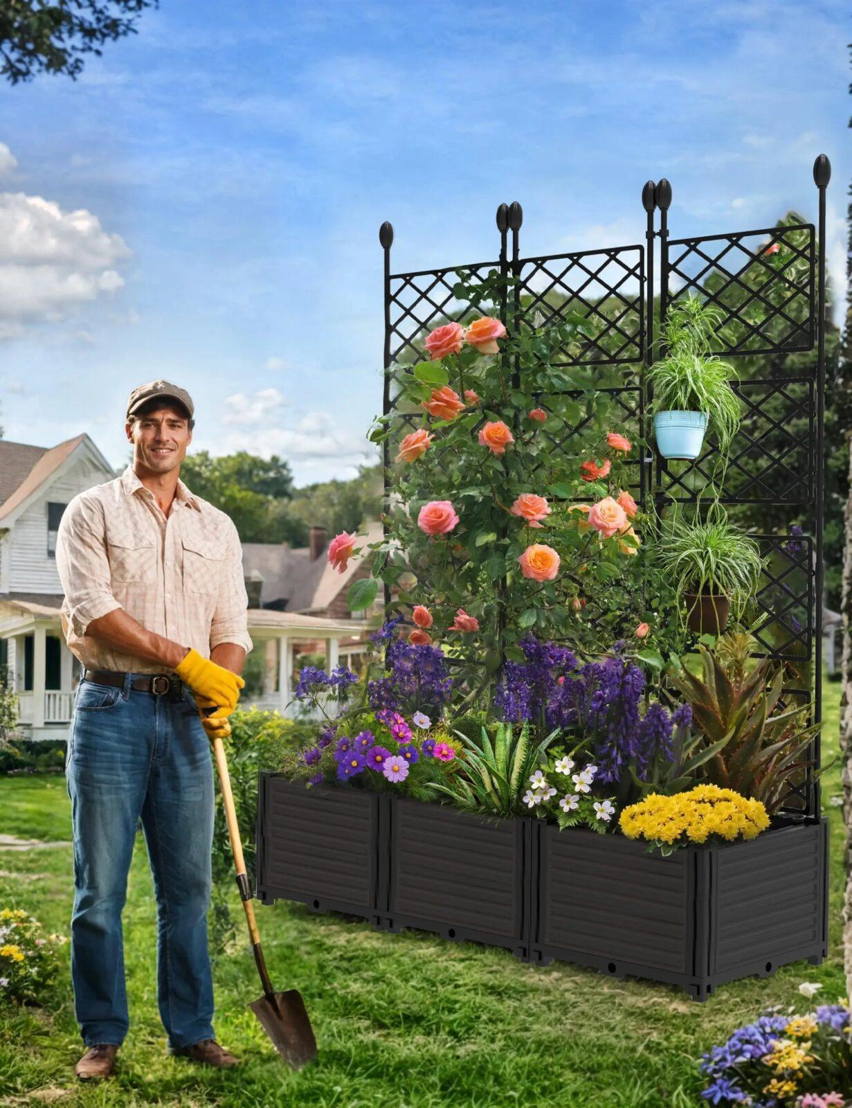 Planter Box With Trellis, 50x63In Raised Garden Bed For Climbing Plants Vines, Outdoor Planter For Vegetables Flowers Patio Planter Box With Trellis, 50x63In Raised Garden Bed For Climbing Plants Vines, Outdoor Planter For Vegetables Flowers Patio
