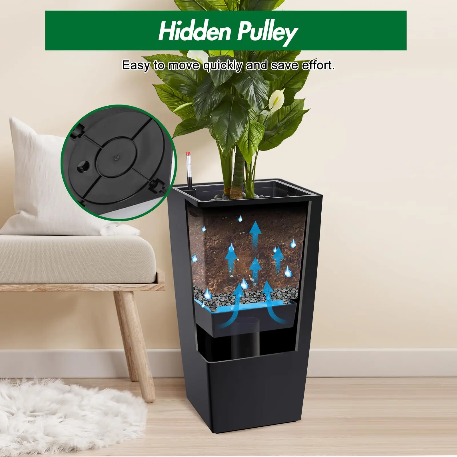 Architectural Mobile Self-Hydrating Tall Planter with Integrated Water-Level Gauge & Drainage Architectural Mobile Self-Hydrating Tall Planter with Integrated Water-Level Gauge & Drainage