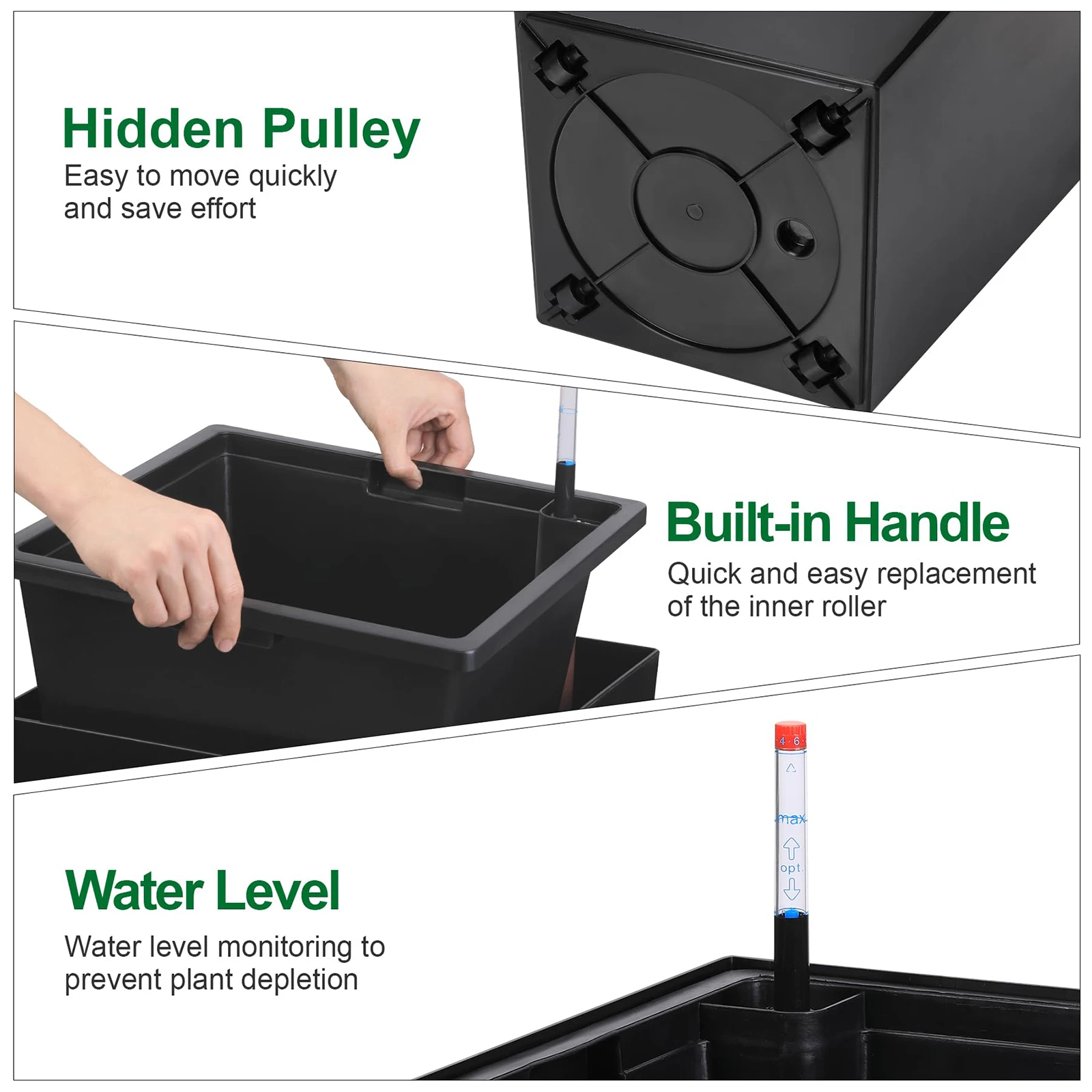 Architectural Mobile Self Hydrating Tall Planter with Integrated Water Level Gauge & Drainage Architectural Mobile Self Hydrating Tall Planter with Integrated Water Level Gauge & Drainage