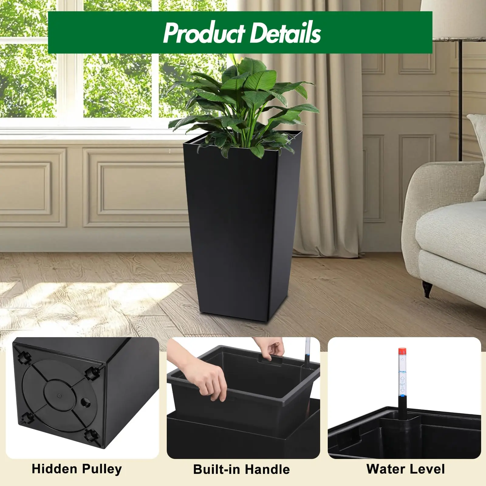 Architectural Mobile Self Hydrating Tall Planter with Integrated Water Level Gauge & Drainage Architectural Mobile Self Hydrating Tall Planter with Integrated Water Level Gauge & Drainage