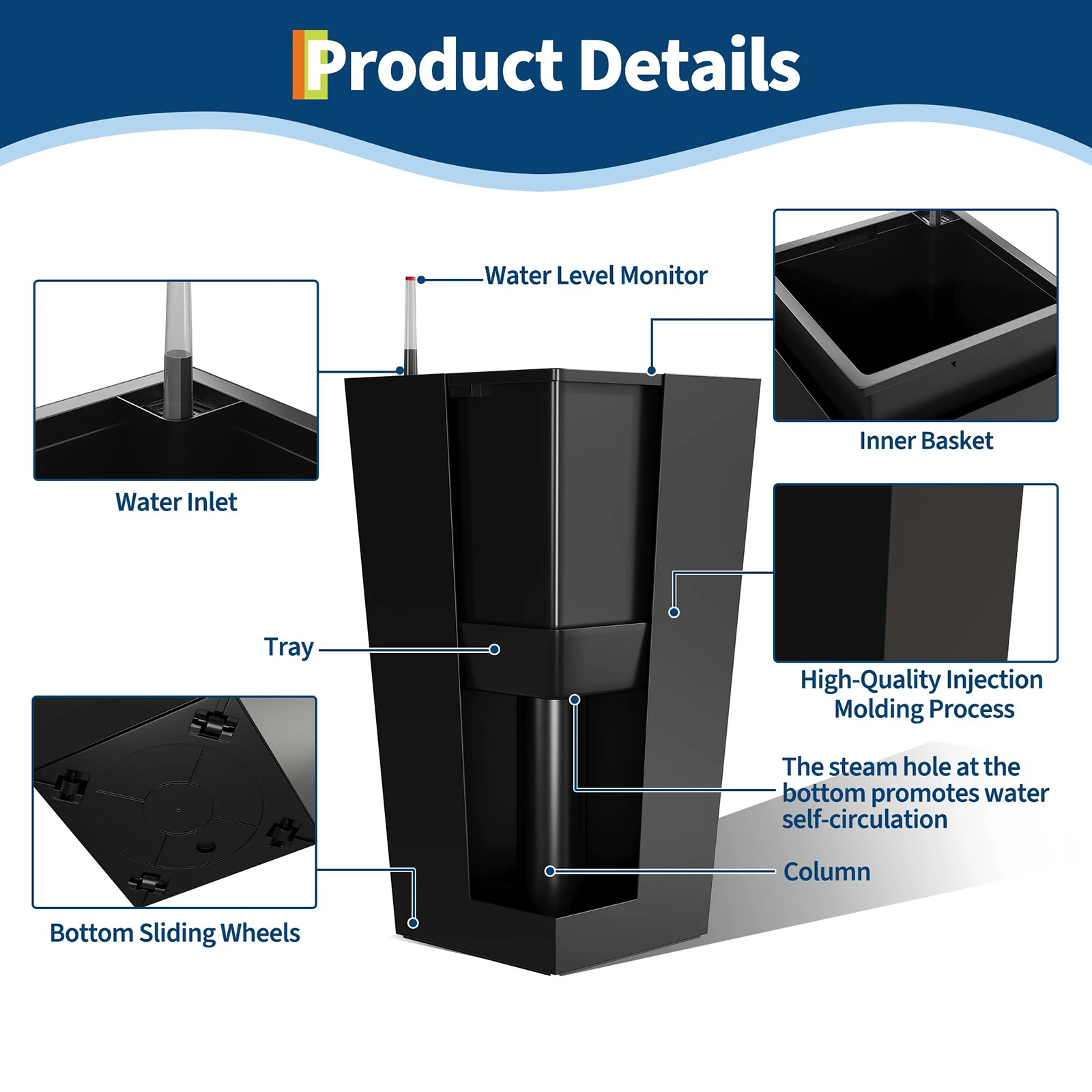 Architectural Mobile Self-Hydrating Tall Planter with Integrated Water-Level Gauge & Drainage Architectural Mobile Self-Hydrating Tall Planter with Integrated Water-Level Gauge & Drainage